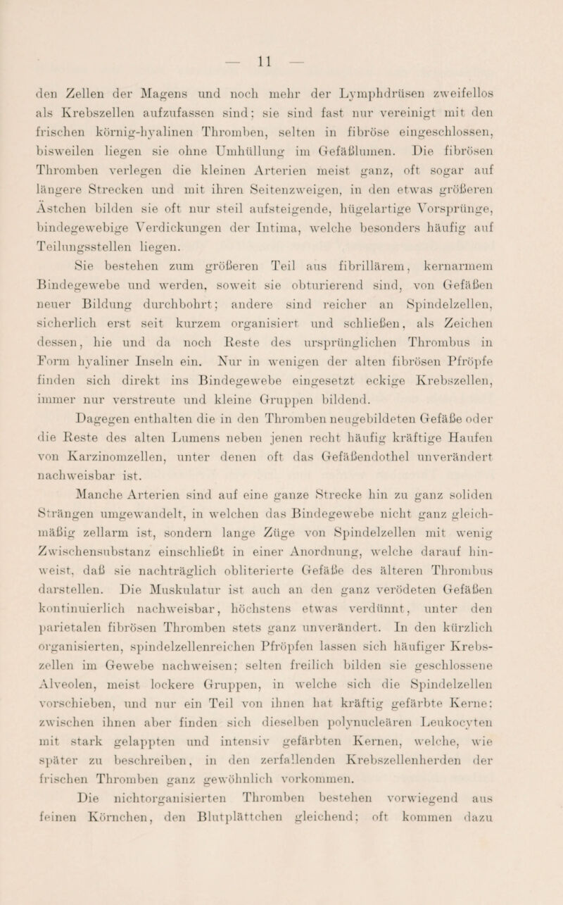 den Zellen der Magens und noch mehr der Lymphdrüsen zweifellos als Krebszellen aufzufassen sind; sie sind fast nur vereinigt mit den frischen körnig-hyalinen Thromben, selten in fibröse eingeschlossen, bisweilen liegen sie ohne Umhüllung im Gefäßlumen. Die fibrösen Thromben verlegen die kleinen Arterien meist ganz, oft sogar auf längere Strecken und mit ihren Seitenzweigen, in den etwas größeren Ästchen bilden sie oft nur steil aufsteigende, hügelartige Vorsprünge, bindegewebige Verdickungen der Intima, welche besonders häufig auf Teilungsstellen liegen. Sie bestehen zum größeren Teil aus fibrillärem, kernarmem Bindegewebe und werden, soweit sie obturierend sind, von Gefäßen neuer Bildung durchbohrt; andere sind reicher an Spindelzellen, sicherlich erst seit kurzem organisiert und schließen, als Zeichen dessen, hie und da noch Beste des ursprünglichen Thrombus in Form hyaliner Inseln ein. Nur in wenigen der alten fibrösen Pfropfe finden sich direkt ins Bindegewebe eingesetzt eckige Krebszellen, immer nur verstreute und kleine Gruppen bildend. Dagegen enthalten die in den Thromben neugebildeten Gefäße oder die Beste des alten Lumens neben jenen recht häufig kräftige Haufen von Karzinomzellen, unter denen oft das Gefäßendothel unverändert nachweisbar ist. Manche Arterien sind auf eine ganze Strecke hin zu ganz soliden Strängen umgewandelt, in welchen das Bindegewebe nicht ganz gleich¬ mäßig zellarm ist, sondern lange Züge von Spindelzellen mit wenig Zwischensubstanz einschließt in einer Anordnung, welche darauf hin¬ weist. daß sie nachträglich obliterierte Gefäße des älteren Thrombus darstellen. Die Muskulatur ist auch an den ganz verödeten Gefäßen kontinuierlich nachweisbar, höchstens etwas verdünnt, unter den parietalen fibrösen Thromben stets ganz unverändert. In den kürzlich organisierten, spindelzellenreichen Pfropfen lassen sich häufiger Krebs¬ zellen im Gewebe nachweisen; selten freilich bilden sie geschlossene Alveolen, meist lockere Gruppen, in welche sich die Spindelzellen vorschieben, und nur ein Teil von ihnen hat kräftig gefärbte Kerne: zwischen ihnen aber finden sich dieselben polynucleären Leukocvten mit stark gelappten und intensiv gefärbten Kernen, welche, wie später zu beschreiben, in den zerfallenden Krebszellenherden frischen Thromben ganz gewöhnlich Vorkommen. Die nichtorganisierten Thromben bestehen vorwiegend feinen Körnchen, den Blutplättchen gleichend; oft kommen d der aus dazu