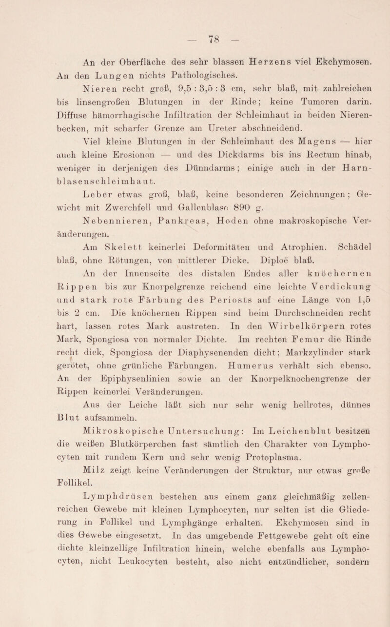 An der Oberfläche des sehr blassen Herzens viel Ekchymosen. An den Lungen nichts Pathologisches. Nieren recht groß, 9,5 : 3,5 : 3 cm, sehr blaß, mit zahlreichen bis linsengroßen Blutungen in der Binde; keine Tumoren darin. Diffuse hämorrhagische Infiltration der Schleimhaut in beiden Nieren¬ becken, mit scharfer Grenze am Ureter abschneidend. Viel kleine Blutungen in der Schleimhaut des Magens — hier auch kleine Erosionen — und des Dickdarms bis ins Rectum hinab, weniger in derjenigen des Dünndarms; einige auch in der Harn¬ bla s e n s c h 1 e i m h a u t. Leber etwas groß, blaß, keine besonderen Zeichnungen; Ge¬ wicht mit Zwerchfell und Gallenblase 890 g. Nebennieren, Pankreas, Hoden ohne makroskopische Ver¬ änderungen. Am Skelett keinerlei Deformitäten und Atrophien. Schädel blaß, ohne Rötungen, von mittlerer Dicke. Diploe blaß. An der Innenseite des distalen Endes aller knöchernen Rippen bis zur Knorpelgrenze reichend eine leichte Verdickung und stark rote Färbung des Periosts auf eine Länge von 1,5 bis 2 cm. Die knöchernen Rippen sind beim Durchschneiden recht hart, lassen rotes Mark austreten. In den Wirbelkörpern rotes Mark, Spongiosa von normaler Dichte. Im rechten Femur die Rinde recht dick, Spongiosa der Diaphysenenden dicht; Markzylinder stark gerötet, ohne grünliche Färbungen. Humerus verhält sich ebenso. An der Epiphysenlinien sowie an der Knorpelknochengrenze der Rippen keinerlei Veränderungen. Aus der Leiche läßt sich nur sehr wenig hellrotes, dünnes Blut aufsammeln. Mikroskopische Untersuchung: Im Leichenblut besitzen die weißen Blutkörperchen fast sämtlich den Charakter von Lympho- cvten mit rundem Kern und sehr wenig Protoplasma. Milz zeigt keine Veränderungen der Struktur, nur etwas große Follikel. Lymphdrüsen bestehen aus einem ganz gleichmäßig zellen¬ reichen Gewebe mit kleinen Lymphocyten, nur selten ist die Gliede¬ rung in Follikel und Lymphgänge erhalten. Ekchymosen sind in dies Gewebe eingesetzt. In das umgebende Fettgewebe geht oft eine dichte kleinzellige Infiltration hinein, welche ebenfalls aus Lympho¬ cyten, nicht Leukocyten besteht, also nicht entzündlicher, sondern