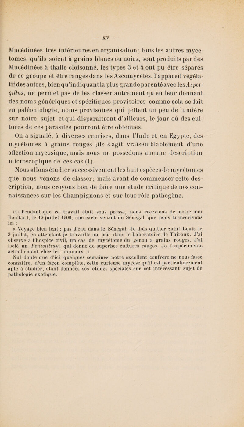 Mucédinées très inférieures en organisation ; tous les autres myce- tomes, qu'ils soient à grains blancs ou noirs, sont produits par des Mucédinées à thalle cloisonné, les types 3 et 4 ont pu être séparés de ce groupe et être rangés dans les Ascomycètes, l’appareil végéta¬ tif des autres, bien qu’indiquant la plus grande parenté avec les Asper- gillus, ne permet pas de les classer autrement qu’en leur donnant des noms génériques et spécifiques provisoires comme cela se fait en paléontologie, noms provisoires qui jettent un peu de lumière sur notre sujet et qui disparaîtront d’ailleurs, le jour où des cul¬ tures de ces parasites pourront être obtenues. On a signalé, à diverses reprises, dans l’Inde et en Egypte, des mycétomes à grains rouges ;ils s’agit vraisemblablement d’une affection mycosique, mais nous ne possédons aucune description microscopique de ces cas (1). Nous allons étudier successivement les huit espèces de mycétomes que nous venons de classer; mais avant de commencer cette des¬ cription, nous croyons bon de faire une étude critique de nos con¬ naissances sur les Champignons et sur leur rôle pathogène. (1) Pendant que ce travail était sous presse, nous recevions de notre ami Boufîard, le 12 juillet 1906, une carte venant du Sénégal que nous transcrivons ici : « Voyage bien lent ; pas d’eau dans le Sénégal. Je dois quitter Saint-Louis le 3 juillet, en attendant je travaille un peu dans le Laboratoire de Thiroux. J’ai observé à l’hospice civil, un cas de mycétome du genou à grains rouges. J’ai isolé un Pénicillium qui donne de superbes cultures rouges. Je l’expérimente actuellement chez les animaux .» Nul doute que d’ici quelques semaines notre excellent confrère ne nous fasse connaître, d’un façon complète, cette curieuse mycose qu’il est particulièrement apte à étudier, étant données ses études spéciales sur cet intéressant sujet de pathologie exotique.