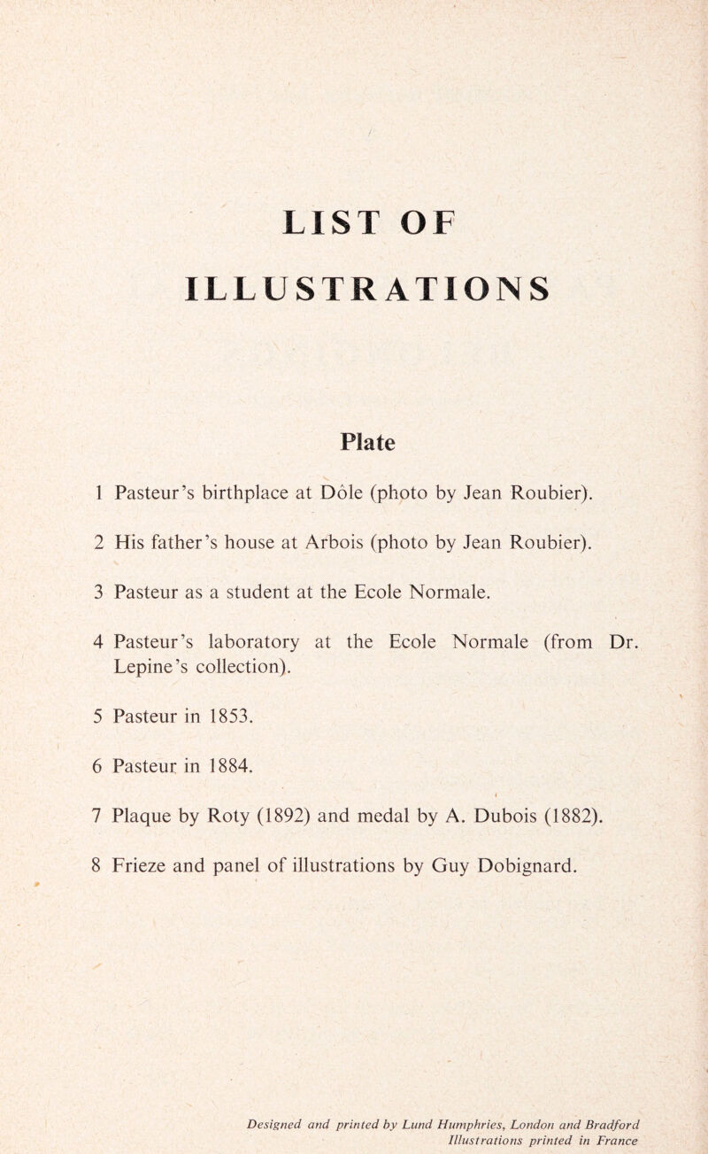 LIST OF ILLUSTRATIONS Plate 1 Pasteur’s birthplace at Dole (photo by Jean Roubier). 2 His father’s house at Arbois (photo by Jean Roubier). 3 Pasteur as a student at the Ecole Normale. 4 Pasteur’s laboratory at the Ecole Normale (from Dr. Lepine’s collection). 5 Pasteur in 1853. 6 Pasteur in 1884. I 7 Plaque by Roty (1892) and medal by A. Dubois (1882). 8 Frieze and panel of illustrations by Guy Dobignard. Designed and printed by Lund Humphries, London and Bradford Illustrations printed in France