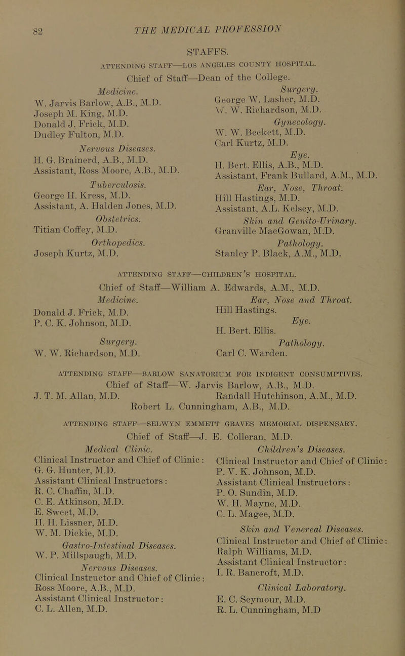 STAFFS. ATTENDING STAFF—LOS ANGELES COUNTY HOSPITAL. Chief of Staff Medicine. AV. Jarvis Barlow, A.B., M.D. Joseph M. King, ]\1.D. Donald J. Frick, M.D. Dudley Fulton, M.D. Nervous Diseases. IT. G. Brainerd, A.B., M.D. Assistant, Ross Moore, A.B., M.D. Tuberculosis. George IT. Kress, M.D. Assistant, A. Ilalden Jones, M.D. Obstetrics. Titian Coffey, M.D. Orthopedics. Joseph Kurtz, M.D. Dean of the College. Surgery. George W. Lasher, M.D. V. AV. Richardson, M.D. Gynecology. W. AV. Beckett, M.D. Carl Kurtz, M.D. Eye. II. Bert. Ellis, A.B., M.D. Assistant, Frank Bullard, A.M., M.D. Ear, Nose, Throat. Hill Hastings, M.D. Assistant, A.L. Kelsey, M.D. Skin and Genito-Urinary. Granville MacGowan, M.D. Pathology. Stanley P. Black, A.M., M.D. ATTENDING STAFF CHILDREN’S HOSPITAL. Chief of Staff—William A. Edwards. A.M.. M.D. Medicine. Donald J. Frick, M.D. P. C. K. Johnson, M.D. Surgery. W. W. Richardson, M.D. Ear, Nose and Throat. Hill Hastings. Eye. II. Bert. Ellis. Pathology. Carl C. AVarden. ATTENDING STAFF BARLOW SANATORIUM FOR INDIGENT CONSUMPTIVES. Chief of Staff—AV. Jarvis Barlow, A.B., M.D. J. T. M. Allan, M.D. Randall Hutchinson, A.M., M.D. Robert L. Cunningham, A.B., M.D. ATTENDING STAFF SELWYN EMMETT GRAVES MEMORIAL DISPENSARY. Chief of Staff—J. Medical Clinic. Clinical Instructor and Chief of Clinic : G. G. Hunter, M.D. Assistant Clinical Instructors: R. C. Chaffin, M.D. C. E. Atkinson, M.D. E. Sweet, M.D. IT. II. Lissner, M.D. W. M. Dickie, M.D. Gastro-Intestinal Diseases. AAV P. Millspaugh, M.D. Nervous Diseases. Clinical Instructor and Chief of Clinic : Ross Moore, A.B., M.D. Assistant Clinical Instructor: C. L. Allen, M.D. E. Colleran, M.D. Children’s Diseases. Clinical Instructor and Chief of Clinic P. V. K. Johnson, M.D. Assistant Clinical Instructors: P. 0. Sundin, M.D. AAV H. Mayne, M.D. C. L. Magee, M.D. Skin and Venereal Diseases. Clinical Instructor and Chief of Clinic Ralph Williams, M.D. Assistant Clinical Instructor: I. R. Bancroft, M.D. Clinical Laboratory. E. C. Seymour, M.D. R. L. Cunningham, M.D