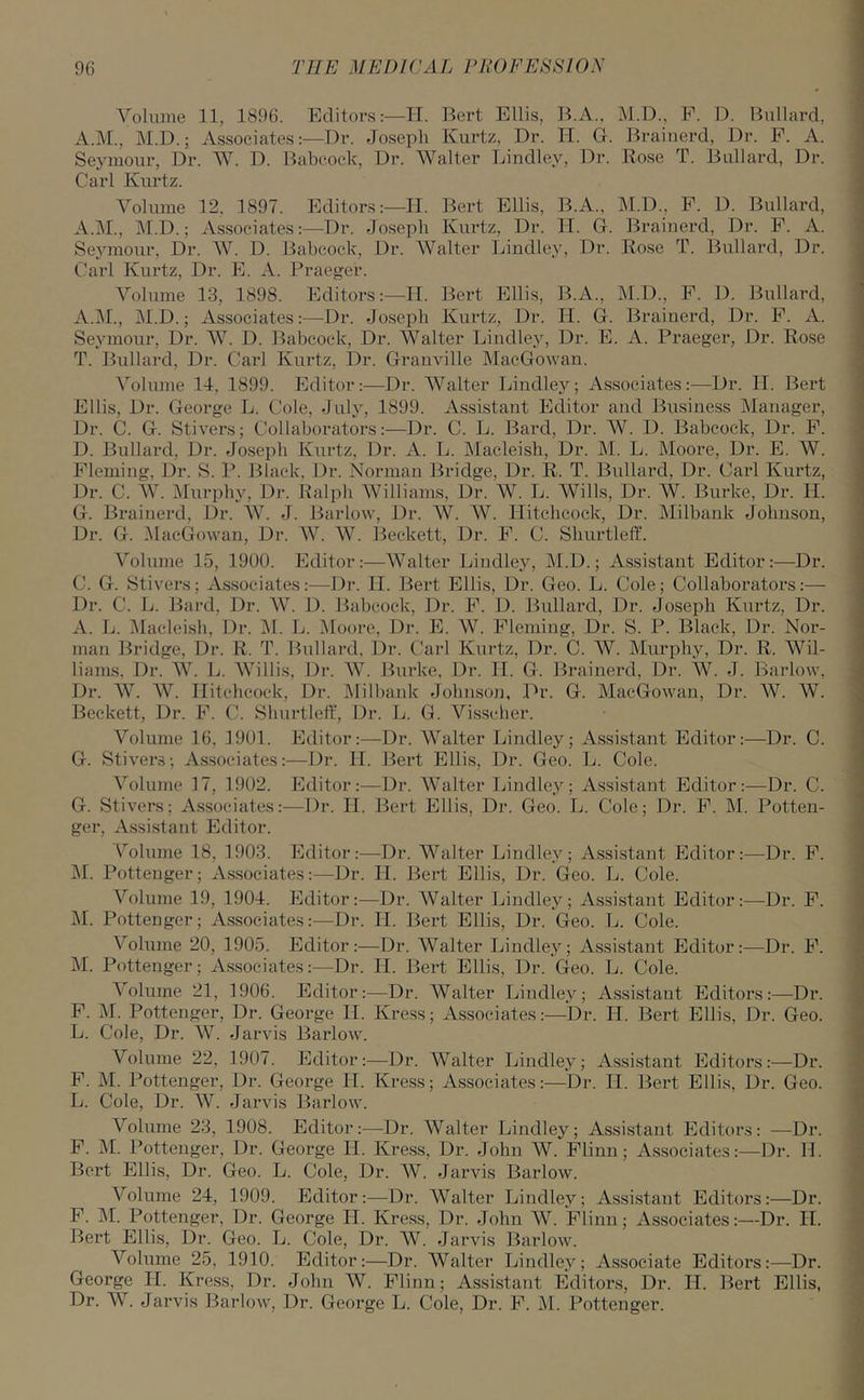 Volume 11, 1896. Editors:—II. Bert Ellis, B.A., M.D., P. D. Bullard, A.M., M.D.; AssociatesDr. Joseph Kurtz, Dr. H. G. Brainerd, Dr. P. A. Seymour, Dr. W. D. Babcock, Dr. Walter Bindley, Dr. Rose T. Ballard, Dr. Carl Kurtz. Volume 12, 1897. Editors:—IJ. Bert Ellis, B.A., M.D., P. D. Bullard, A.M., M.D.; Associates:—Dr. Joseph Kurtz, Dr. II. G. Brainerd, Dr. P. A. Seymour, Dr. W. D. Babcock, Dr. Walter Bindley, Dr. Rose T. Bullard, Dr. Carl Kurtz, Dr. E. A. Praeger. Volume 13, 1898. Editors:—II. Bert Ellis, B.A., M.D., P. 1). Bullard, A.M., M.D.; Associates:—Dr. Joseph Kurtz, Dr. H. G. Brainerd, Dr. P. A. Seymour, Dr. W. D. Babcock, Dr. Walter Bindley, Dr. E. A. Praeger, Dr. Rose T. Bullard, Dr. Carl Kurtz, Dr. Granville MacGowan. Volume 14. 1899. Editor:—Dr. Walter Bindley; Associates:—Dr. II. Bert Ellis, Dr. George B. Cole, July, 1899. Assistant Editor and Business Manager, Dr. C. G. Stivers; Collaborators:—Dr. C. B. Bard, Dr. W. D. Babcock, Dr. P. D. Bullard, Dr. Joseph Kurtz, Dr. A. B. Macleisli, Dr. M. B. Moore, Dr. E. W. Fleming, Dr. S. P. Black, Dr. Norman Bridge, Dr. R. T. Bullard, Dr. Carl Kurtz, Dr. C. W. Murphy, Dr. Ralph Williams, Dr. W. B. Wills, Dr. W. Burke, Dr. H. G. Brainerd, Dr. AV. J. Barlow, Dr. W. W. Hitchcock, Dr. Milbank Johnson, Dr. G. MacGowan, Dr. W. W. Beckett, Dr. P. C. Shurtleff. Volume 15, 1900. Editor:—Walter Bindley, M.D.; Assistant Editor:—Dr. C. G. Stivers; Associates:—Dr. II. Bert Ellis, Dr. Geo. B. Cole; Collaborators:— Dr. C. B. Bard, Dr. W. D. Babcock, Dr. P. D. Bullard, Dr. Joseph Kurtz, Dr. A. B. Macleisli, Dr. M. B. Moore, Dr. E. W. Fleming, Dr. S. P. Black, Dr. Nor- man Bridge, Dr. R. T. Bullard, Dr. Carl Kurtz, Dr. C. W. Murphy, Dr. R. Wil- liams, Dr. AV. B. Willis, Dr. W. Burke, Dr. PI. G. Brainerd, Dr. AV. J. Barlow. Dr. W. W. Hitchcock, Dr. Milbank Johnson, Dr. G. MacGowan, Dr. W. W. Beckett, Dr. P. C. Shurtleff, Dr. B. G. Visseher. Volume 16, .1901. Editor:—Dr. Walter Bindley; Assistant Editor:—Dr. C. G. Stivers; Associates:—Dr. II. Bert Ellis, Dr. Geo. B. Cole. Volume 17, 1902. Editor:—Dr. Walter Bindley; Assistant Editor:-—Dr. C. G. Stivers: Associates:-—Dr. IP. Bert Ellis, Dr. Geo. B. Cole; Dr. F. M. Potten- ger, Assistant Editor. Volume 18, 1903. Editor:—Dr. Walter Bindley; Assistant Editor:—Dr. P. M. Pottenger; Associates:—Dr. H. Bert Ellis, Dr. Geo. B. Cole. Volume 19, 1904. Editor:—Dr. Walter Bindley; Assistant Editor:—Dr. P. M. Pottenger; Associates:—Dr. H. Bert Ellis, Dr. Geo. B. Cole. Volume 20, 1905. Editor:—Dr. Walter Bindley; Assistant Editor:—Dr. P\ M. Pottenger; Associates:—Dr. IP. Bert Ellis, Dr. Geo. B. Cole. Volume 21, 1906. Editor:—Dr. Walter Bindley; Assistant Editors:—Dr. P. M. Pottenger, Dr. George II. Kress; Associates:-—Dr. H. Bert Ellis, Dr. Geo. B. Cole, Dr. W. Jarvis Barlow. Volume 22, 1907. Editor:—Dr. Walter Bindley; Assistant Editors:—Dr. P. M. Pottenger, Dr. George IP. Kress; Associates:—Dr. II. Bert Ellis, Dr. Geo. B. Cole, Dr. W. Jarvis Barlow. Volume 23, 1908. Editor:—Dr. AValter Bindley; Assistant Editors: —Dr. P. M. Pottenger, Dr. George IP. Kress, Dr. John W. Plinn ; Associates:—Dr. II. Bert Ellis, Dr. Geo. B. Cole, Dr. W. Jarvis Barlow. Volume 24, 1909. Editor:—Dr. AValter Bindley; Assistant Editors:—Dr. P. M. Pottenger, Dr. George II. Kress, Dr. John AV. Plinn; Associates:—Dr. II. Bert Ellis, Dr. Geo. B. Cole, Dr. AV. Jarvis Barlow. Volume 25, 1910. Editor:—Dr. Walter Bindley; Associate Editors:—Dr. George H. Kress, Dr. John AV. Plinn; Assistant Editors, Dr. IP. Bert Ellis, Dr. W. Jarvis Barlow, Dr. George B. Cole, Dr. F. M. Pottenger.