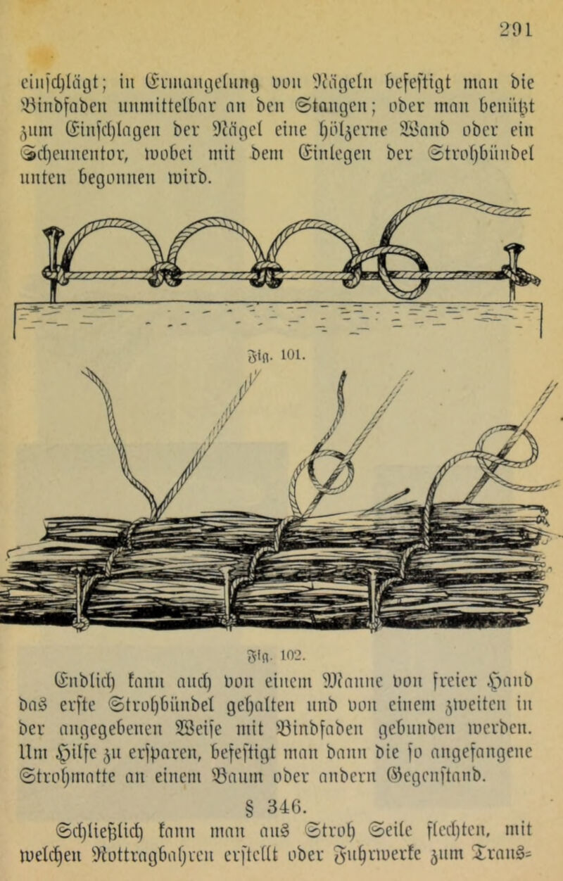 ciitfd)lägt; in (i’iinaiu^clung uoii 'iluigclii 6cfeftigt mau bte '■ötubfaben iiumittelbar nii bcn ©taugen; ober mau beuiitd 5um C£tufd)lageu ber 9?ägel eine (jöl^erue 2öanb ober ein ©d)euueutor, mobei mit bem Giulegeu ber ©tro()0üubel unten begonnen wirb. 5ffl. 102. (£*nblid) fann and) Don einem 9J?nnne Don freier .^anb ba§ erfte ©troi)bnnbet get)alten nnb Don einem ^meiten in ber angegebenen SScife mit iöinbfaben gebnnben merben. Um ^ilfe 511 erfpnren, befeftigt man bann bie fo angefangene ©trofjmatte an einem 33anm ober anbern ©egenftanb. § 346. ©djliefjUd) fann man an§ ©tro^ ©eile fled)ten, mit lueld)en ffJottrngbafjien erftellt ober ^D^riuerfe ^nm Sranä=