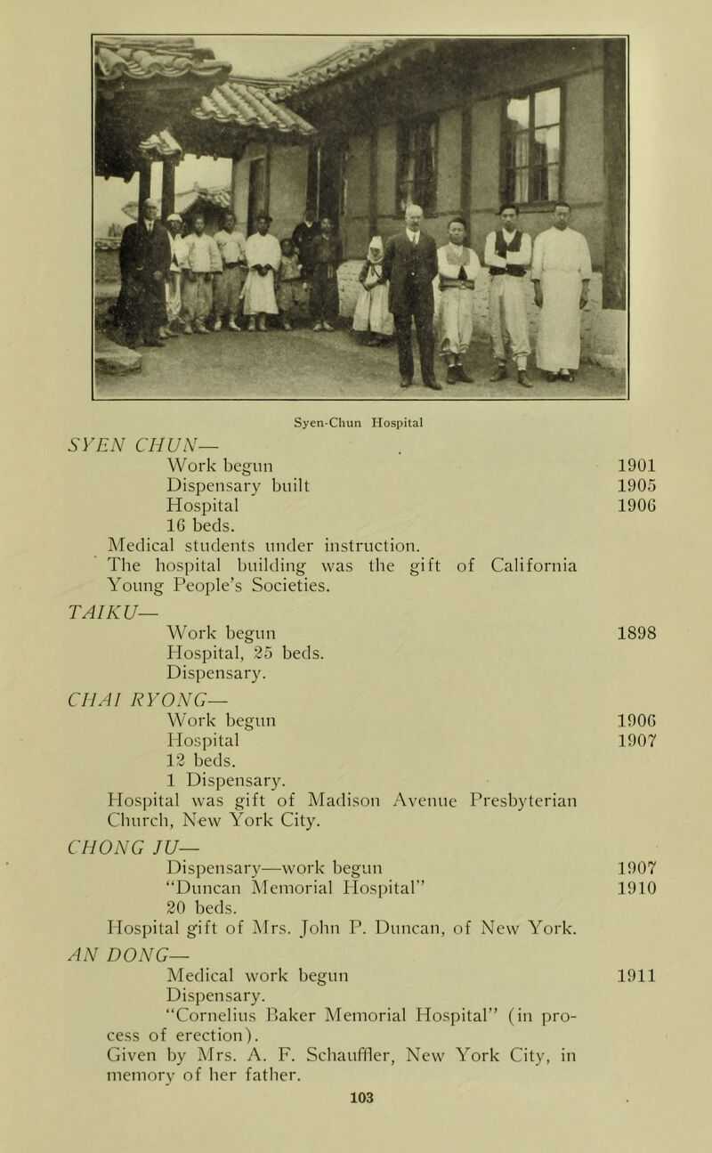 Syen-Chun Hospital SVEN CHUN— Work begun Dispensary built Hospital IG beds. Medical students under instruction. Tbe hospital building was the gift of California Young People’s Societies. TAIKU— Work begun Hospital, 25 beds. Dispensary. CIIAI RYONG— Work begun Hospital 12 beds. 1 Dispensary. Hospital was gift of Madison Avenue Presbyterian Church, New York City. CHONGJU— Dispensary—work begun “Duncan Memorial Hospital’’ 20 beds. Hospital gift of Mrs. John P. Duncan, of New York. AN DONG— Medical work begun Dispensary. “Cornelius Ptaker Memorial Hospital” (in pro- cess of erection). Given by IMrs. A. F. Schauffler, New York City, in memory of her father. 1901 1905 1906 1898 190G 1907 1907 1910 1911