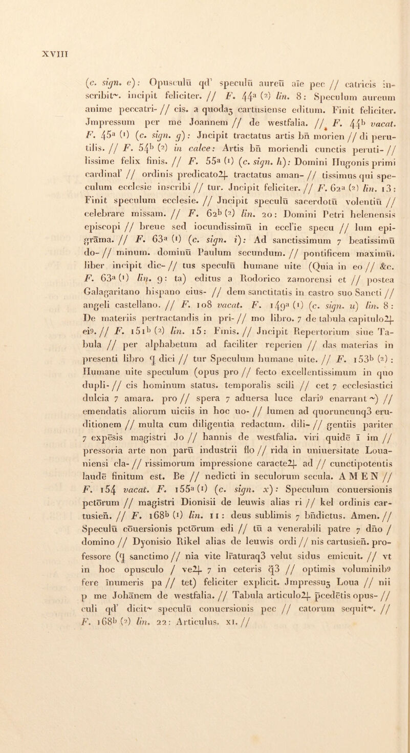 (f. sign» e); Opus(;ulu qd’ speculu aureti aie pec // catiicis in- scribit~. incipit feliciter.// F. 44'* 8: Speculum aureum anime peccatri- // cis. a quotla5 cartusiense editum. Finit feliciter. Jmpressum per me Joannem // de westfalia. // F. 44’^ vacat. F. 453 (') (c. sign. g) : Jncipit tractatus artis bn morien //di peru- tilis.// F. 54^^ (2) in calce: Ai’tis bn moriendi cunctis peiuti-// lissime felix finis.// F. 55^ (i) (c. /i); Domini Ilugonis primi Cardinal’ // ordinis predicatolj. tractatus aman- // tissimus qui spe- culum ecclesie inscribi// tur. Jncipit feliciter.// F. 62^ (?) lin. i3: Finit speculum ecclesie. // Jncipit speculu sacerdotu volentiu // celebrare missam. // F. 62!» (?) /m. 20; Domini Petri helenensis episcopi // breue sed iocundissimu in eccfie specu // lurn epi- .rama. // F. 63“ (0 (c. i); Ad sanctissimum 7 beatissimu do-// minum, dominu Paulum secundum.// pontificem maxlrnu. liber incipit dic- // tus speculu humane uite (Quia in eo // &c. F. 63» (0 /b?.. 9: ta) editus a Rodorico zaraorensi et // postea Galagaritano hispano eius- // dem sanctitatis in castro suo Sancti // angeli castellano. // F. 108 vacat. F. 149^(0 (c. u) /m. 8: De materiis pertractandis in pri-// mo libro. 7 de talmla capitulolj. ei9.// F. 151)3 (2) lln. i5: Finis.// Jncipit Repertorium sine Ta- bula // per alphabetum ad faciliter reperien // das materias in presenti libro ^ dici // tur Speculum humane uite. // F. 153)^ (?) : Humane uite speculum (opus pro// fecto excellentissimum in quo dupli-// cis hominum status, temporalis scili // cet 7 ecclesiastici dulcia 7 amara, pro// spera 7 aduersa luce clari9 enarrant ~) // emendatis aliorum uicils in hoc uo- // lumen ad quoruncunq3 eru- ditionem // multa cum diligerrtia redactum, dili-// gentiis pariter 7 expesis magistri Jo // hannis de westfalia. viri quide I im// pressoria arte non paru industrii flo // rida in uniuersitate Loua- niensi cla-// rissimorum impressione caracte2|. ad// cunctipotentis laude finitum est. Re // nedicti in seculorum secula. AMEN // F. i54 vacat. F. 155^(0 (c. sign. x); Speculum conuersionis pctorum // magistri Dionisii de leuwis alias ri // kel ordinis car- tusieh. // F. i681^ (0 lin. ii: deus sublimis 7 bndictus. Arnen.// Speculu couersionis pctorum edi // tu a venerabili patre 7 dno / domino // Dyonisio Rikel alias de leuwis ordi // nis cartusien. pro- fessore (n sanctimo// nia vite IraturaqS velut sidus emicuit. // vt in hoc opusculo / velj- 7 in ceteris q3 // optimis voluminibs fere Inumeris pa // tet) feliciter explicit. Jmpressuj Loua // ni i p me Johanem de westfalia.// Tabula articulolj-pcedetis opus-// culi qd’ dicit~ speculu conuersionis pec // catorum sequit^. // F. 1681^(2) lin. 22: Articulus, xi.//