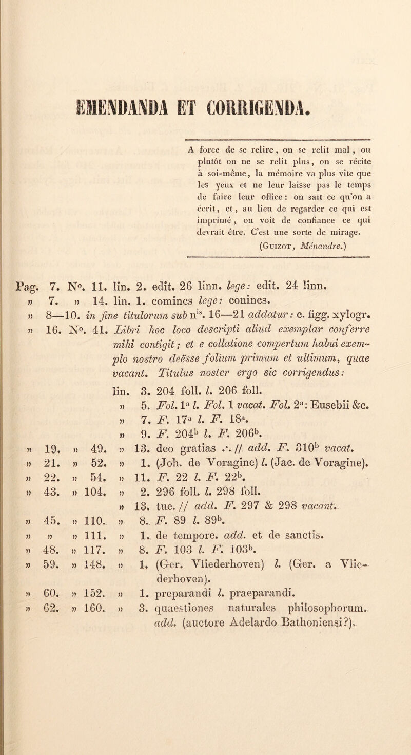 ElE\DAi\i)A ET CORRIGENDA. A force de se relire, on se relit mal , ou plulot ou ne se relit plus, ou se recite a soi-menie, la memoire va plus vite que les yeux et ne leur laisse pas le temps de faire leur office: on sait ce qu’on a ecrit, et, au lieu de regarder ce qui est imprime , on voit de confiance ce qui devrait etre. C’cst une sorte de mirage. (Guizot, Menandre,) Pag. 7. No. 11. lin. 2. edit. 26 linn. lege: edit. 24 linn. n 7. u 14. lin. 1. comincs lege: conincs. » 8—10. in fine titulorum sub 16—21 addatur: c. figg. xylogr. » 16. No. 41. Libri hoc loco descripti aliud exemplar conferre mihi contigit; et e collatione compertum habui exem- plo nostro deesse folium primum et ultimum^ quae vacant. Titulus noster ergo sic corrigendus: lin. 3. 204 foll. l, 206 foll. )) 5. FoL 1^ l. FoL 1 vacat, Fol, 2^: Eusebii &c. )) 7. F, IF L F, 18«. » 9. F. 204^ l, F. 206b. 19. 49. u 13. deo gratias .*. // add, F, 310^ vacat. )) 21. » 52. » 1. (Joh. de Voragine) Z. (Jac. de Voragine). » 22. u 54. )) 11. F, 22 L F, 22b. 43. » 104. )) 2. 296 foll. l, 298 foll. » 13. tue. // add, F, 297 & 298 vacant. » 45. 110. 5) 8. F. 89 l, 89b. )) )) » 111. )) 1. de tempore, add. et de sanctis. u 48. )) 117. » 8. F, 103 L F. 103K » 59. )) GO )) 1. (Ger. Vliederhoven) l. (Ger. a Viie- derhoven). u 60. )> 152. )) 1. preparandi l. praeparandi. n 62. » 160. U 3, quaestiones naturales pliilosopliorum. add. (auctore Adelardo Bathoniensi?).