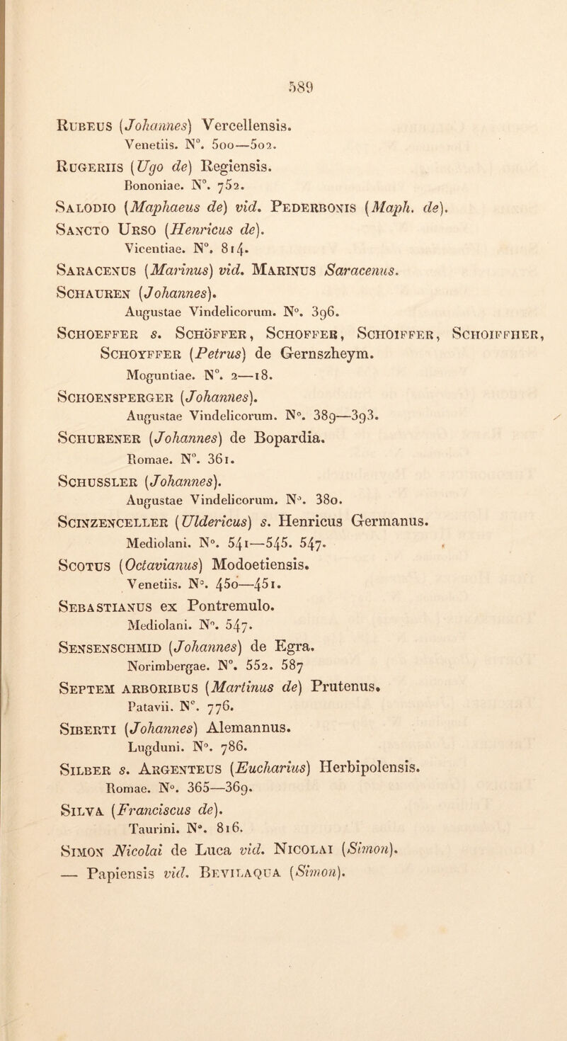 Rubeus {Johannes) Vercellensis. Venetiis. N“. 5oo—5o2. Rugeriis [Ugo de) Regiensis. Bononiae. N°. 752. Salodio [MapJiaeus de) vid, Pederboxis (Mapli. de). Saxcto Urso (Henricus de). Vicentiae. N“, 814« Saracexus {Marinus) vid, Marejus Saracenus. Schaureis’ [Johamies), Augustae Vindelicorum. N°. 896. SCHOEPPER S, SCHOPPER, SCHOPPER, SCHOIPPER, SCHOIPFHER, ScHOYPPER [Petrus) de Gernszheym. Moguntiae. 1N°. 2—18. ScHOEi^sPERGER [Johaniies). Augustae Vindelicorum. N”. 889—898. / ScHURENER [Joliannes) de Bopardia. Bomae. N. 861. ScHUSSLER [Johannes). Augustae Vindelicorum. N'’. 38o. ScixzENCELLER [Uldericus) s. Henricus Germanus. Mediolani. N®. 54—545. 547* ScOTUS [Octavianus) Modoetiensis. Venetiis. N°. 4^0— Sebastianus ex Pontremulo. Mediolani. N. 547* Sexsexschmid [Joha7ines) de Egra. Norimbergae. ]N°. 552. 587 Septem arboribus [Martinus de) Prutenus* Patavii. ]S°. 776. SiBERTi [Johannes) Alemannus. Lugduni. N®. 786. SiLBER S. Argenteus [Eucharius) Herbipolensis. Romae. N°. 865—869. Silva [Franciscus de). Taurini. N*. 816. SiMON Nicolai de Luca vid. Nicolai [Shnon). — Papiensis vid. Eevilaqua [Srmon).