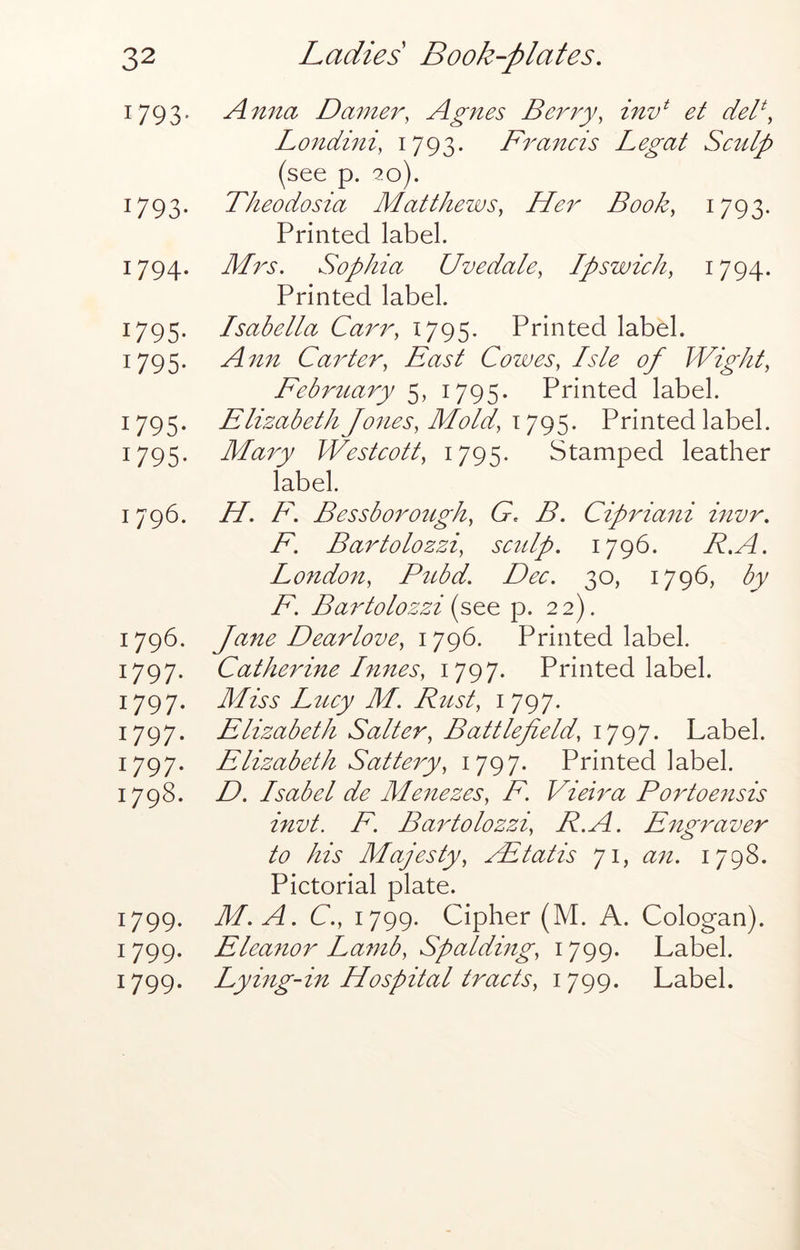 1793. Anna Darner, Agnes Berry, inv^ et del\ Londini, 1793. Francis Legat Sctdp (see p. 20). 1793. Theodosia Matthews, Her Book, 1793. Printed label. 1794. Mrs. Sophia Uvedale, Ipswich, 1794. Printed label. 1795. Isabella Ca7^r, 1795. Printed label. 1795. Ann Carter, East Cowes, Isle of Wight, February 5, 1795. Printed label. 1795. Elizabeth Jones, Mold, \ Printed label. 1795. Mary Westcott, 1795. Stamped leather label. 1796. H. F. Bessborough, G. B. Cip7lani mvr. F. Bartolozzi, scidp. 1796. R,A. London, Pidd. Dec. 30, 1796, by F. Bartolozzi p. 22). 1796. Jane Dear love, 1796. Printed label. 1797. Catherine Dines, 1797. Printed label. 1797. Miss Lucy M. Rust, 1797. 1797. Elizabeth Salter, Battlefield, 1797. Label. 1797. Elizabeth Satteiy, 1797. Printed label. 1798. D. Isabel de Menezes, F. Vieira Portoeiisis invt. F. Bartolozzi, R.A. Engraver to his Majesty, /Etatis Ji, an. 1798. Pictorial plate. 1799. M.A. C., 1799. Cipher (M. A. Cologan). 1799. Eleanor Lamb, Spalding, 1799. Label. 1799. Lyingdn Hospital tracts, 1799. Label.