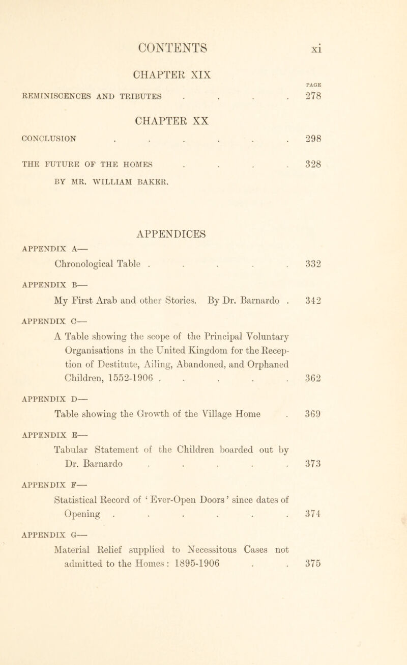 CHAPTER XIX PAGE REMINISCENCES AND TRIBUTES .... 278 CHAPTER XX CONCLUSION ...... 298 THE FUTURE OF THE HOMES . . . .328 BY MR, WILLIAM BAKER. APPENDICES APPENDIX A— Chronological Table . . . . .332 APPENDIX B— My First Arab and other Stories. By Dr. Barnardo . 342 APPENDIX C— A Table showing the scope of the Principal Voluntary Organisations in the United Kingdom for the Recep- tion of Destitute, Ailing, Abandoned, and Orphaned Children, 1552-1906 . . . . .362 APPENDIX D— Table showing the Growth of the Village Home . 369 APPENDIX E— Tabular Statement of the Children boarded out by Dr. Barnardo . . . . .373 APPENDIX F— Statistical Record of ‘ Ever-Open Doors ’ since dates of Opening . . . . . .374 APPENDIX G— Material Relief supplied to Necessitous Cases not admitted to the Homes ; 1895-1906 375