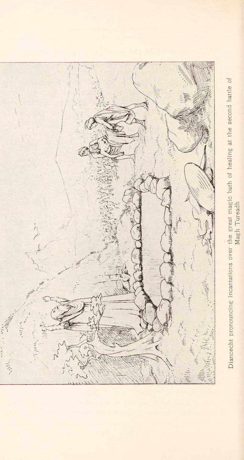 Dlancecht pronouncing incantations over the great magic bath of healing at the second battle of Magh Tureadh