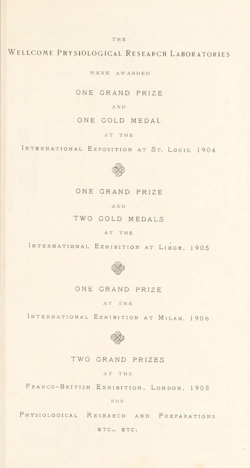 Wellcome Physiological Research Laboratories WERE AWARDED ONE GRAND PRIZE AND ONE GOLD MEDAL AT THE International Exposition at St. Louis, 1904 ONE GRAND PRIZE AND TWO GOLD MEDALS A T '1' H E International Exhibition at Liege, 1905 ONE GRAND PRIZE a r t h e International Exhibition at Milan, 1906 TWO GRAND PRIZES at the Franco-British Exhibition, London, 1908 F o I? Physiological Research and Preparations