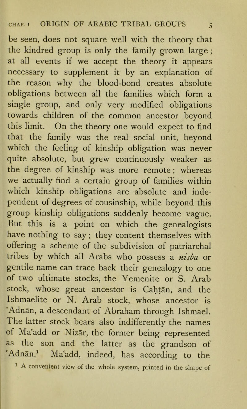 be seen, does not square well with the theory that the kindred group is only the family grown large ; at all events if we accept the theory it appears necessary to supplement it by an explanation of the reason why the blood-bond creates absolute obligations between all the families which form a single group, and only very modified obligations towards children of the common ancestor beyond this limit. On the theory one would expect to find that the family was the real social unit, beyond which the feeling of kinship obligation was never quite absolute, but grew continuously weaker as the degree of kinship was more remote; whereas we actually find a certain group of families within which kinship obligations are absolute and inde- pendent of degrees of cousinship, while beyond this group kinship obligations suddenly become vague. But this is a point on which the genealogists have nothing to say; they content themselves with offering a scheme of the subdivision of patriarchal tribes by which all Arabs who possess a nisba or gentile name can trace back their genealogy to one of two ultimate stocks, the Yemenite or S. Arab stock, whose great ancestor is Cahtan, and the Ishmaelite or N. Arab stock, whose ancestor is 'Adnan, a descendant of Abraham through Ishmael. The latter stock bears also indifferently the names of Ma'add or Nizar, the former being represented as the son and the latter as the grandson of 'Adnan.^ Ma'add, indeed, has according to the ^ A convenient view of the whole system, printed in the shape of