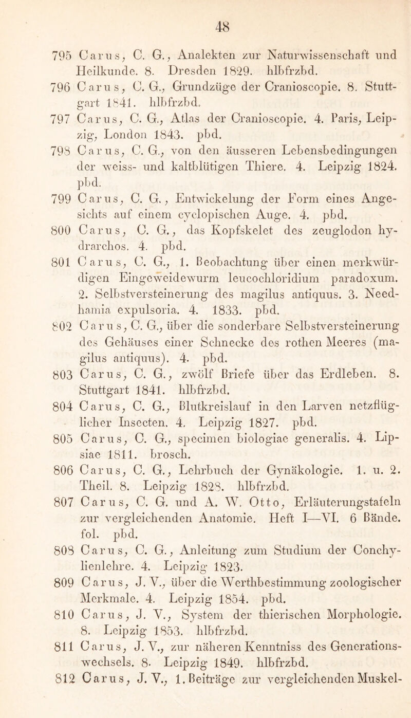 795 Car US; C. G.; Analekten zur Naturwissenschaft und Heilkunde. 8. Dresden 1829. hlbfrzbd. 796 CaruS; C. G.; Grundzüge der Cranioscopie. 8. Stutt- gart 1841. hlbfrzbd. 797 Car US; C. G.; Atlas der Cranioscopie. 4. Paris; Leip- zig; London 1843. pbd. 793 Car US; C. G.; von den äusseren Lebensbedingungen der weiss- und kaltblütigen Thiere. 4. Leipzig 1824. pbd. 799 Car US; C. G.; Entwickelung der Form eines Ange- sichts auf einem cyclopischen Auge. 4. pbd. 800 CaruS; C. G.; das Kopfskelet des zeuglodon hy- drarchos, 4. pbd. 801 Car US; C. G.; 1. Beobachtung über einen merkwür- digen Eingeweidewurm leucochloridium paradoxum. 2. Selbstversteinerung des magilus antiquus. 3. Need- hamia expulsoria. 4. 1833. pbd. 802 Car US; C. G.; über die sonderbare Selbstversteinerung des Gehäuses einer Schnecke des rothen Meeres (ma- gilus antiquus). 4. pbd. 803 Car US; C. G.; zwölf Briefe über das Erdleben. 8. Stuttgart 1841. hlbfrzbd. 804 CaruS; C. G.; Blutkreislauf in den Larven netzflüg- licher Insecten. 4. Leipzig 1827. pbd. 805 Car US; C. G.; specimen biologiae generalis. 4. Lip- siae 1811. brosch. 806 Car US; C. G.; Lehrbuch der Gynäkologie. 1. u. 2. Theil. 8. Leipzig 1823. hlbfrzbd. 807 Car US; C. G. und A. W. OttO; Erläuterungstafeln zur vergleichenden Anatomie. Heft I—VI. 6 Bände, fol. pbd. 803 Car US; C. G.; Anleitung zum Studium der Conchy- lienlehre. 4. Leipzig 1823. 809 Caru S; J. V.; über die Werthbestimmung zoologischer Merkmale. 4. LeqDzig 1854. pbd. 810 CaruS; J. V.; System der thierischen Morphologie. 8. Leipzig 1853. hlbfrzbd. 811 Car US; J. V.; zur näheren Kenntniss des Generations- wechsels. 8- Leipzig 1849. hlbfrzbd. 812 Garns; J. V.; 1. Beiträge zur vergleichenden Muskel-