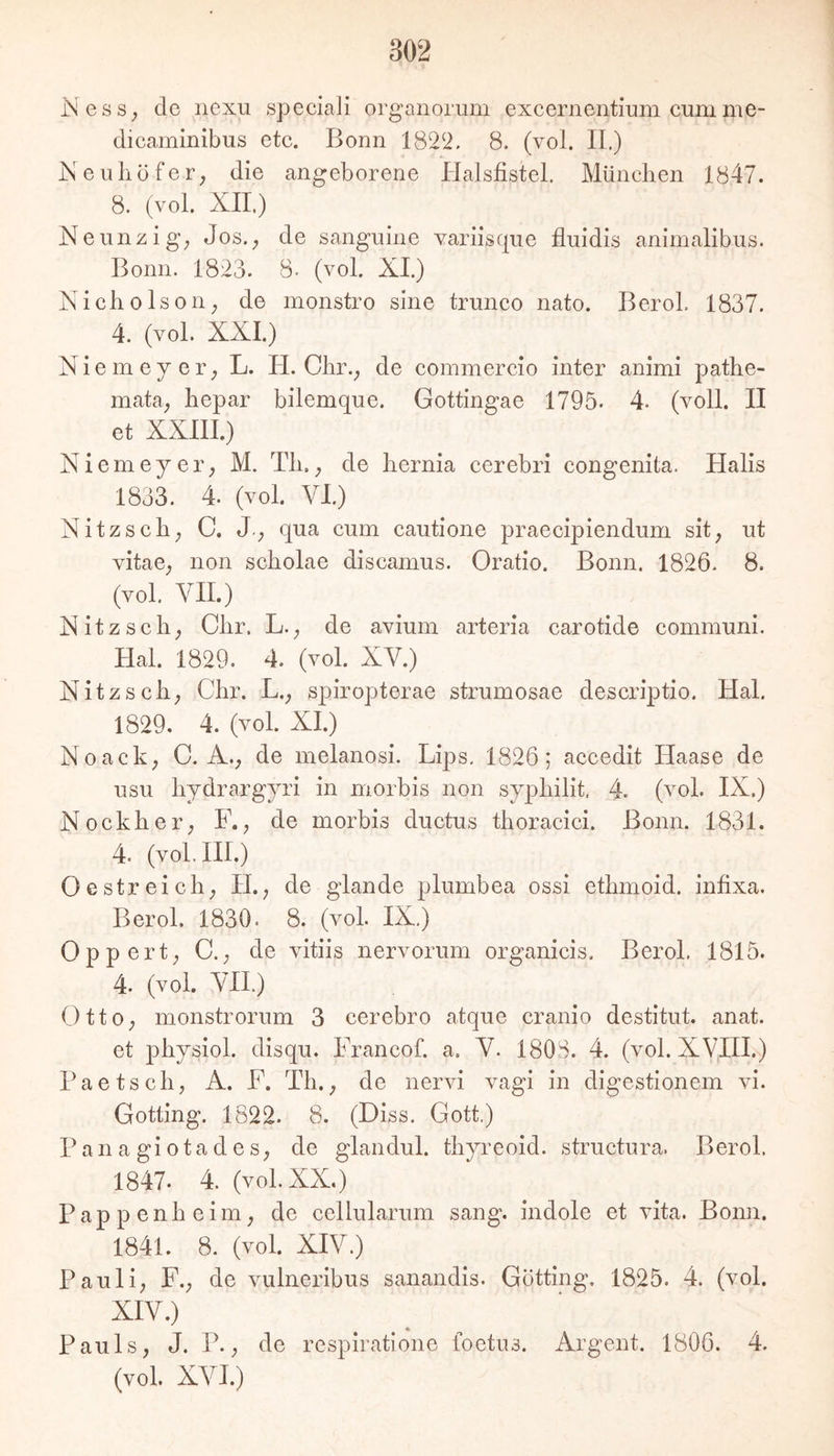 jNesS; de nexu speciali organorum excernentium cunime- dicaminibus etc. Bonn 1822, 8. (vol. II.) Iseuhöfer; die angeborene Idalsfistel. München 1847. 8. (vol. XII.) Neunzig; Jos.; de sanguine variisque fluidis animalibus. Bonn. 1823. 8, (vol. XI.) Nicholson; de monstro sine trunco nato. Berol. 1837. 4. (vol. XXL) Niemeyer; L. H. Chr.; de commercio inter animi pathe- mata; hepar bilemque. Gottingae 1795. 4. (voll. II et XXIIL) Niemeyer; M. Th.; de hernia cerebri congenita. Halis 1833. 4. (vol. VI.) Nit ZS eh; C. J.; qua cum cautione praecipiendum sit; ut vitaC; non scholae discamus. Oratio. Bonn. 1826. 8. (vol, VII.) Nitz sch; Chr. L.; de avium arteria carotide communi. Hai. 1829. 4. (vol. XV.) Nitz sch; Chr. L.; sj)iropterae strumosae descriptio. Hai. 1829. 4. (vol. XI.) Noack; C. A.; de melanosi. Lips, 1826; accedit Haase de usu hydrargyri in morbis non syphilit, 4. (vol. IX.) Nockher; F.; de morbis ductus thoracici. Bonn. 1831. 4. (vol. HI.) Oe streich; H.; de glande plumbea ossi ethmoid. infixa. Berol. 1830. 8. (vol, IX.) Oppert; C.; de vitiis nervorum organicis. Berol. 1815. 4. (vol. VH.) OttO; monstrorum 3 cerebro atque cranio destitut. anat, et physiol. disqu. Francof. a. V. 1808. 4. (vol. XVIH.) Paetsch; A. F. Th.; de nervi vagi in digestionem vi. Gotting. 1822. 8. (Diss. Gott.) P a 11 a gi 01a d e S; de glandul. thyreoid. structura. Berol. 1847. 4. (vol. XX.) Pappenheini; de cellularum sang, indole et vita. Bomi. 1841. 8. (vol. XIV.) Pauli; F.; de vulneribus sanandis. Gotting. 1825. 4. (vol. XIV.) Pauls; J. P.; de respiratione foetus. Argent. 1806. 4. (vol. XVI.)