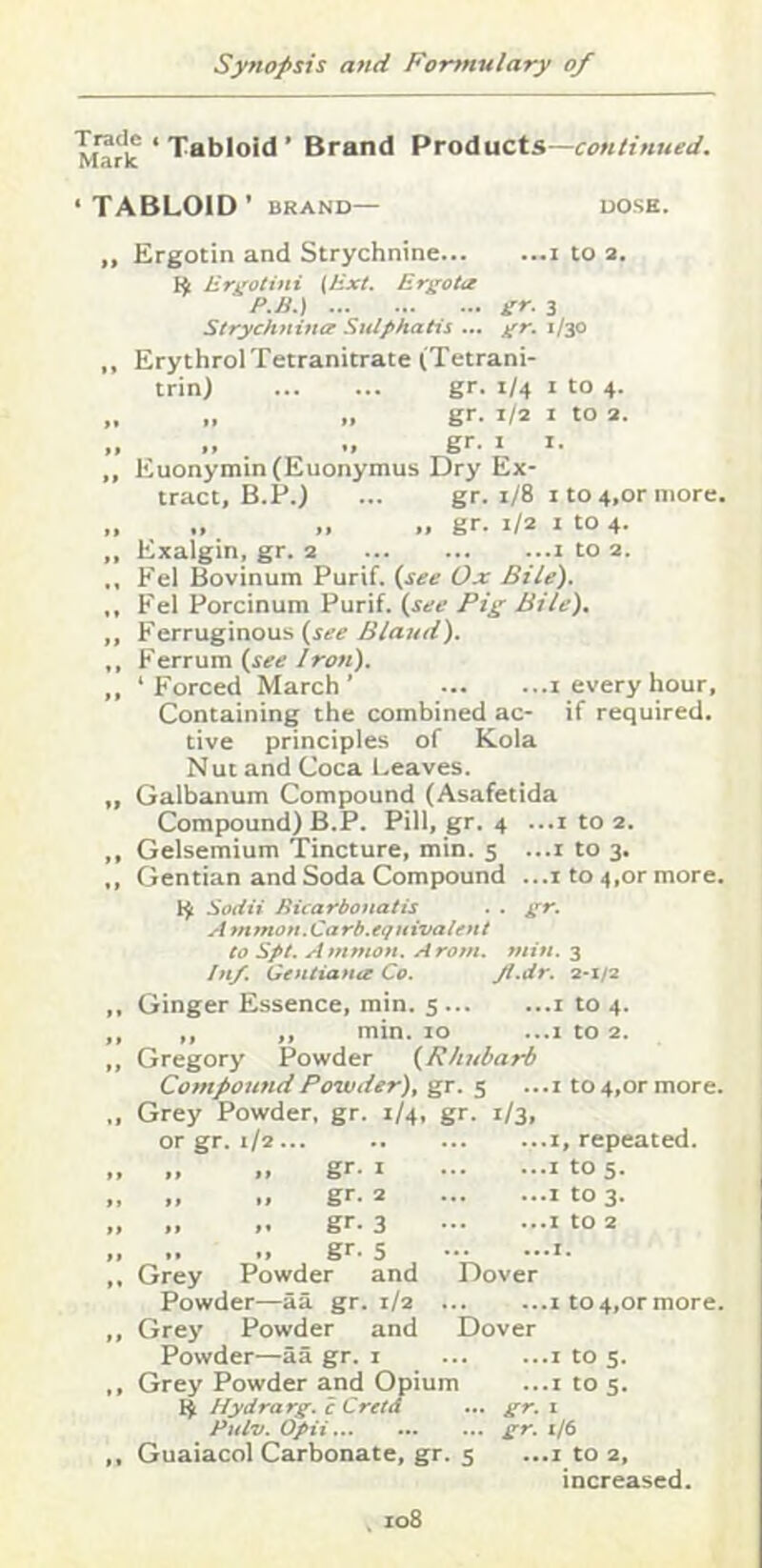 Trade I-j-^bloid ’ Brand Products—continued. Marie • TABLOID ’ BRAND— DOSE. „ Ergotin and Strychnine i to a. H Er^otini [Ext. Er^ot<t P.B.) er. 3 Strychnince Sulphatii ... prr. 1/30 „ ErythrolTetranitrate (Tetrani- trin) gr. 1/4 1 to 4. i> gr- 1/2 I to a. .> . gr. I I. ,, Euonymin(Euonymus Dry Ex- tract, B.PJ ... gr. 1/8 I to 4,or more. „ >. » gr. 1/2 I to 4. „ Exalgin, gr. a i to a. ,, Eel Bovinum Purif. (see Ox Bile). ,, Eel Porcinum Purif. (see Pig Bile). „ Ferruginous (see Blar/d). ,, Eerrum (see Iron). ,, ‘ Eorced March’ i every hour. Containing the combined ac- if required, tive principles of Kola Nut and Coca Leaves. „ Galbanum Compound (Asafetida Compound) B.P. Pill, gr. 4 ...i to a. ,, Gelsemium Tincture, min. 5 ...i to 3. ,, Gentian and Soda Compound ...1 to 4,or more. Soda Bicarbonatis . . gr. A tnmon.Carb.equivalent to Spt. Ammon. Aroni. min. 3 In/. Genliante Co. Jl.dr. a-i/a Ginger Essence, rain, s i to 4. ,, ,, min. 10 ...I to 2. Gregory Powder (Rhubarb Compound Powder), gr. 5 ...i t0 4,ormore. Grey Powder, gr. 1/4, gr. 1/3, or gr. 1/2 „ .. gr. I ,, .. gr. 2 .. gr. 3 gr. 5 Grey Powder and Powder—aa gr. 1/2 Grey Powder and Powder—aa gr. i Grey Powder and Opium Hydrarg. c Creta Putv. Opii... Guaiacoi Carbonate, gr. 5 ..I, repeated. ...I to 5. ...it0 3. ...I to 2 I. Dover ...I t0 4,ormore. Dover ...I to 5. ...I to 5. gr. I gr. i/6 ..I to 2, increased.