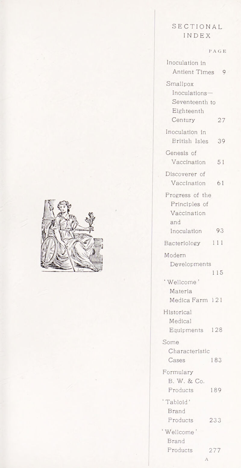 SECTIONAL INDEX PAGE Inoculation in Antient Times 9 Smallpox Inoculations- Seventeenth to Eighteenth Century 27 Inoculation in British Isles 39 Genesis of Vaccination 51 Discoverer of Vaccination 61 Progress of the Principles of Vaccination and Inoculation 93 Bacteriology 1 1 1 Modern Developments 1 15 ‘ Wellcome ’ Materia Medica Farm 121 Historical Medical Equipments 128 Some Characteristic Cases 183 Formulary B. W. & Co. Products 189 * Tabloid ’ Brand Products 233 ‘ Wellcome ’ Brand Products 277 A