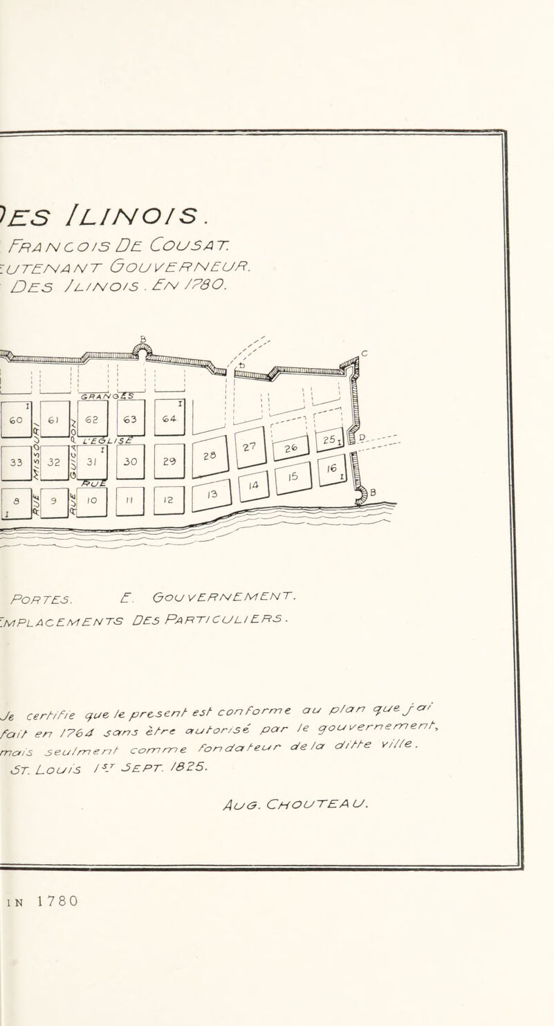 )£:s Ilinois. FraNCOJ5 Cousat. \UTE:r^ANT OoUVERNRUR. Des Z^/e/o/s . fE/ /PdO. PorTES. E. (jOU V EREM ENT. emplacements DE5 PartjCUL!ERS . Je cerhf/e que Je presen/-es/-con form e au p/an quejcf^' faP en /764 ^ano ^uJ-or,se. par Je gouoernennenE moE seu/mcn/ com me Eon Pa/ear Pe/a P/Ee vP/e . St. Louis /R Sept. /3Z5. Auo. Chouteau.