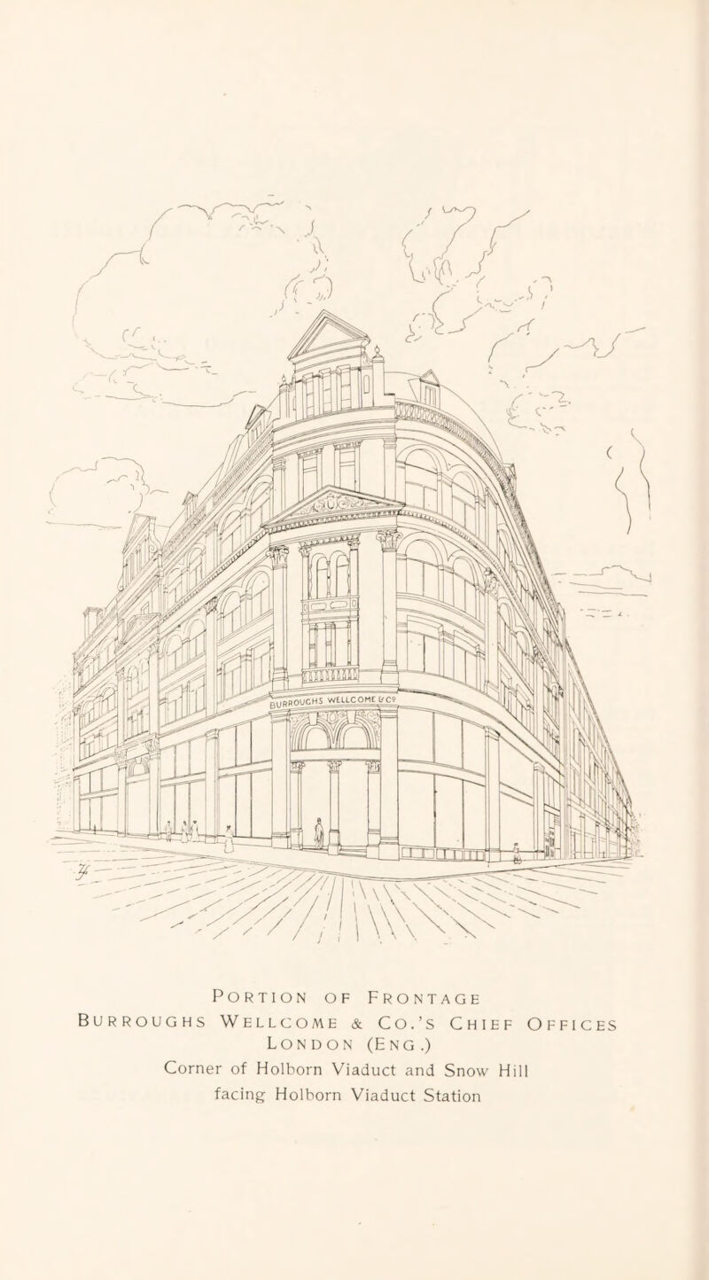 wuLcoMcifc? Portion of Frontage Burroughs Wellcome & Co.’s Chief Offices London (Eng.) Corner of Holhorn Viaduct and Snow Hill facing Holborn Viaduct Station