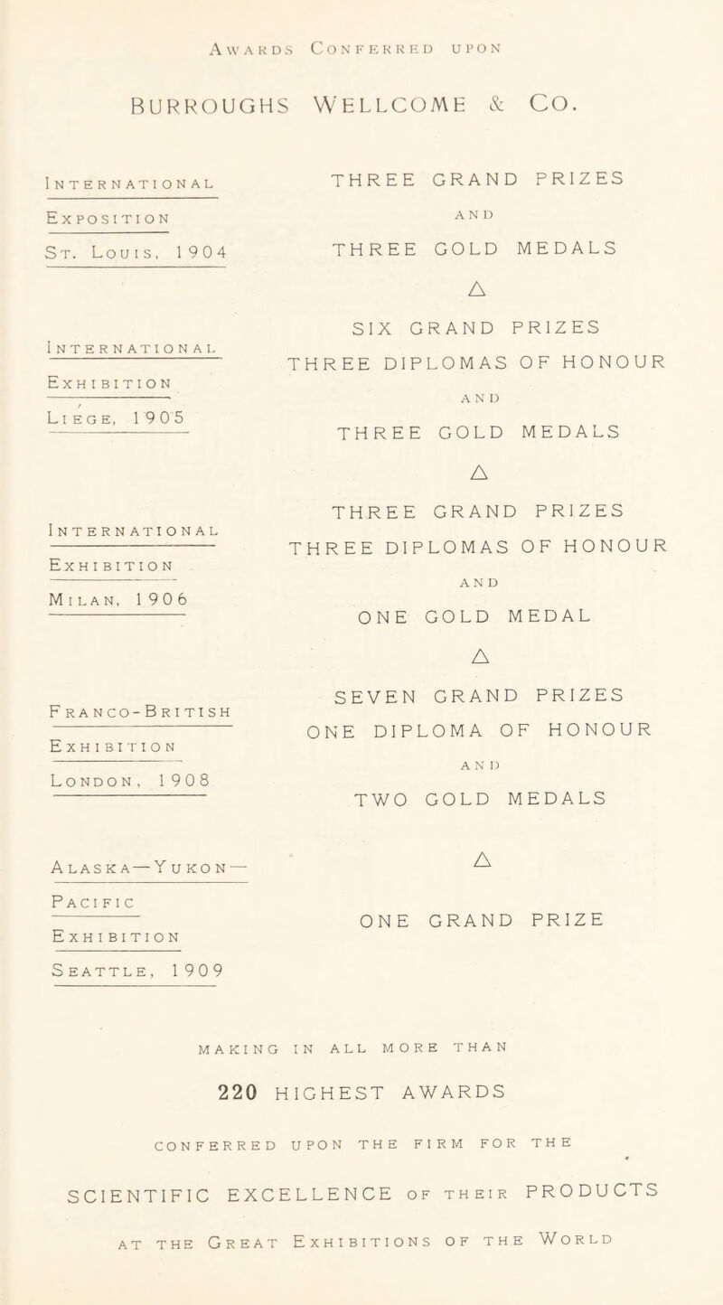 BURROUGHS WELLCOME & CO International THREE GRAND PRIZES Exposition AND St. Louis, 1904 THREE GOLD MEDALS A International SIX GRAND PRIZES THREE DIPLOMAS OF HONOUR Exhibition AND Liege, 1905 THREE GOLD MEDALS A International THREE GRAND PRIZES THREE DIPLOMAS OF HONOUR Exhibition AND Milan, 1906 ONE GOLD MEDAL A Franco-British SEVEN GRAND PRIZES Exhibition ONE DIPLOMA OF HONOUR London, 1908 AND TWO GOLD MEDALS Alaska — Y ukon — A Pacific Exhibition S EATTLE, 190 9 ONE GRAND PRIZE MAKING IN ALL MORE THAN 220 HIGHEST AWARDS CONFERRED UPON THE FIRM FOR THE SCIENTIFIC EXCELLENCE of their PRODUCTS AT THE Great Exhibitions of the World