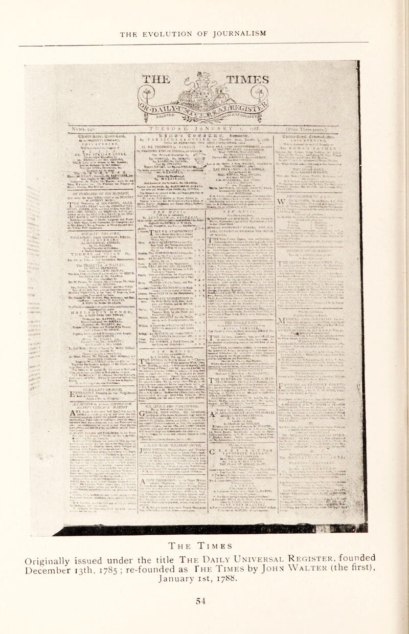 The Times Originally December issued under the title The Daily Universal Register, founded 13th. 1785 ; re-founded as The Times by John Walter (the first), January 1st, 178b.