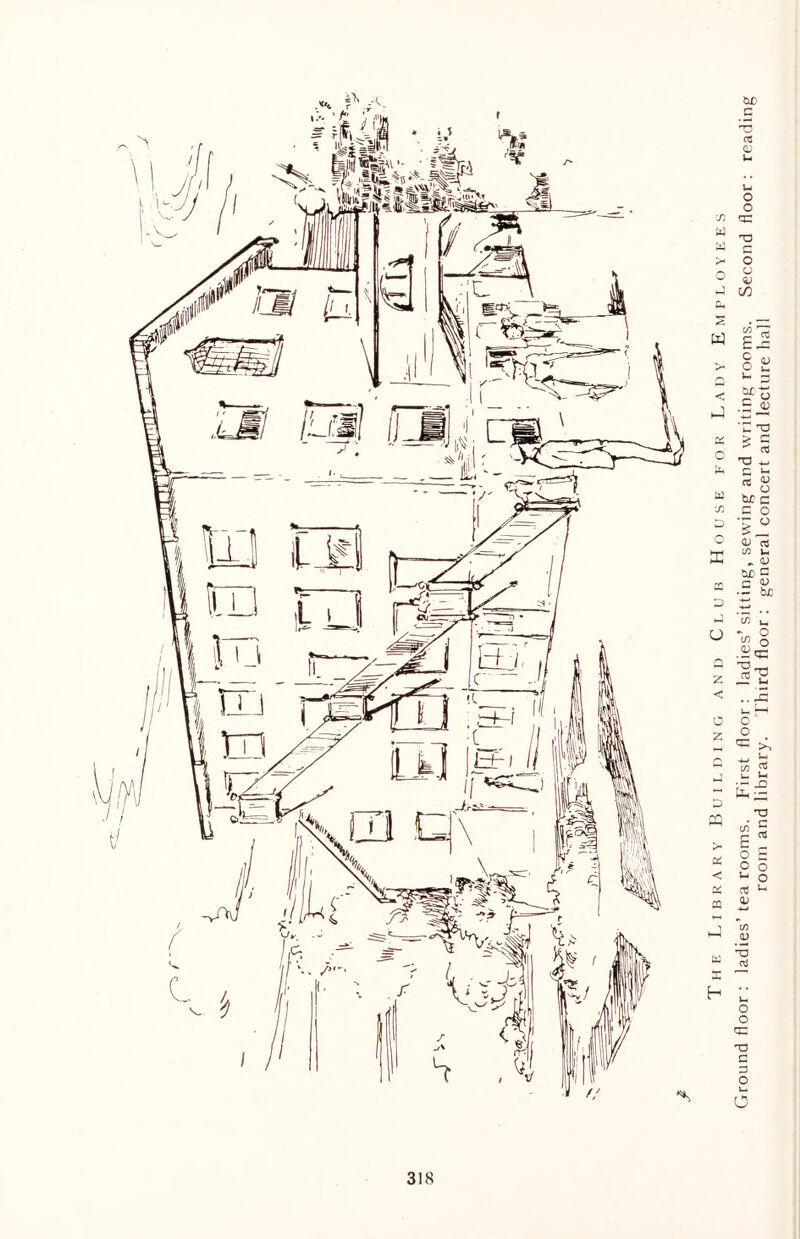 (iround floor : ladies’tea rooms. First floor: ladies’sitting, sewing and writing rooms. Second floor: reading room and library. Third floor : general concert and lecture hall