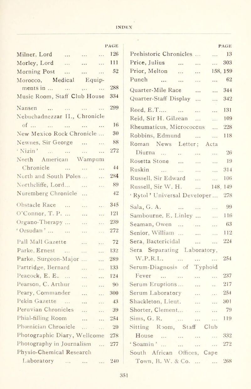 PAGE Milner, Lord 126 Morley, Lord Ill Morning Post 52 Morocco, Medical Equip- ments in ... ... ... ... 288 Music Room, Staff Club House 334 Nansen ... ... ... ... 299 Nebuchadnezzar II., Chronicle of 16 New Mexico Rock Chronicle ... 30 Newnes, Sir George ... ... 88 ‘ Nizin ’ 272 North American Wampum Chronicle 44 North and South Poles 284 Northcliffe, Lord... ... ... 89 Nuremberg Chronicle ... 42 Obstacle Race ... ... .. 345 O’Connor, T. P. ... ... ... 121 Organo-Therapy ... ... ... 239 * Orsudan ’ 272 Pall Mall Gazette ... ... 72 Parke, Ernest ... 132 Parke. Surgeon-Major ... ... 289 Partridge, Bernard ... ... 133 Peacock, E. E. ... ... ... 124 Pearson, C. Arthur ... ... 90 Peary, Commander 300 Pekin Gazette ... 43 Peruvian Chronicles ... ... 39 Phial-tilling Room ... ... 254 Phoenician Chronicle ... ... 20 Photographic Diary, Wellcome 278 Photography in Journalism ... 277 Physio-Chemical Research Laboratory 240 Prehistoric Chronicles ... PAGE ... 13 Price, Julius . . . 303 Prior, Melton 158, 159 Punch ... 62 Quarter-Mile Race ... 344 Quarter-Staff Display ... 342 Reed, E.T ... 131 Reid, Sir H. Gilzean 109 Rheumaticus, Micrococcus 228 Robbins, Edmund 118 Roman News Letter; Diurna Acta 26 Rosetta Stone 19 Ruskin 314 Russell, Sir Edward 106 Russell, Sir W. H. 148. 149 1 Rytol ’ Universal Developer... 278 Sala, G. A. 99 Sambourne, E. Linley ... 11.6 Seaman, Owen 63 Senior, William ... 112 Sera, Bactericidal . . . 224 Sera Separating Laboratory, W.P.R.L 254 Serum-Diagnosis of Typhoid Fever 237 Serum Eruptions .. 217 Serum Laboratory 254 Shackleton, Lieut. . . . 30! Shorter, Clement... ... 79 Sims, G. R. 119 Sitting Room, Staff House Club 332 ‘ Soamin ’ 272 South African Offices, Town, B. W. & Co. ... Cape 268