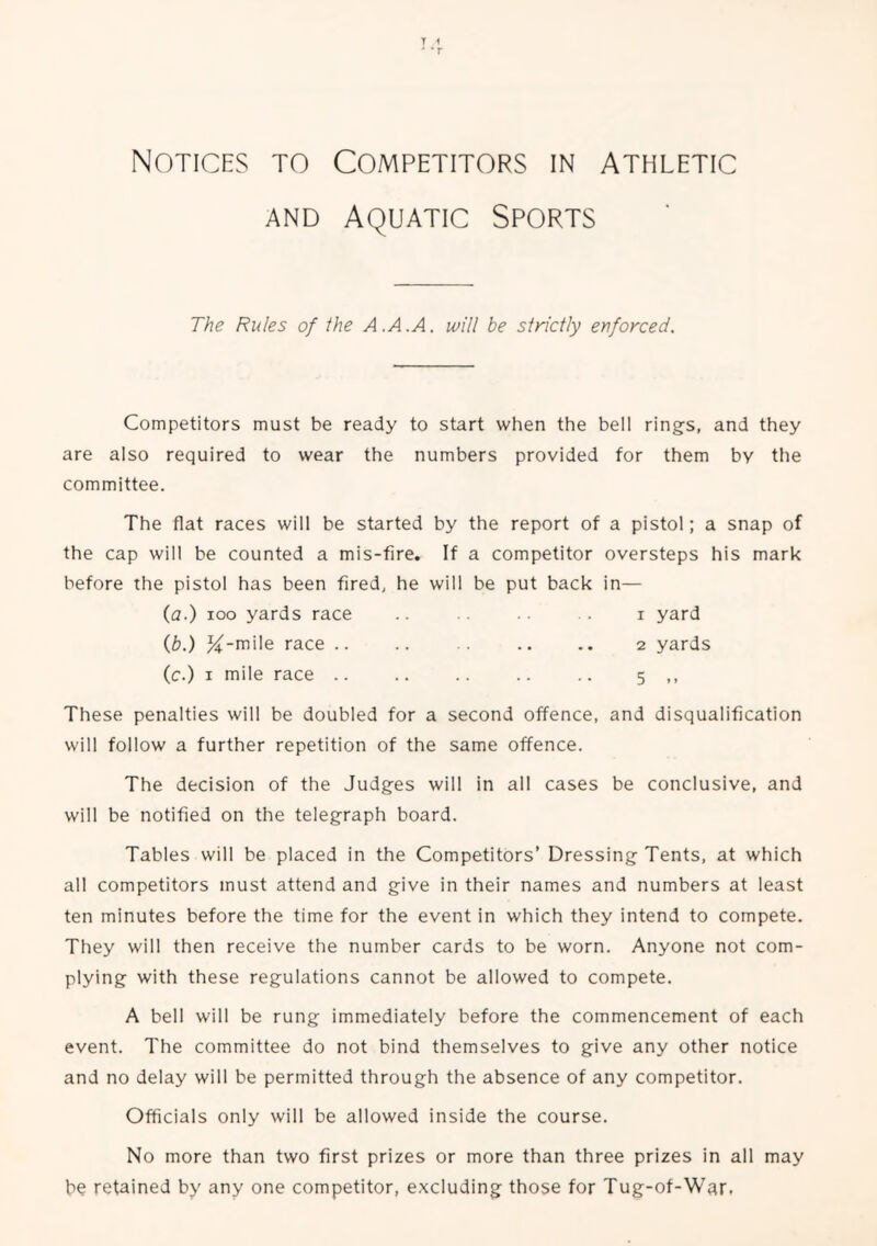 Notices to Competitors in athletic AND Aquatic Sports The Rules of the A.A.A. will be strictly enforced. Competitors must be ready to start when the bell rings, and they are also required to wear the numbers provided for them by the committee. The flat races will be started by the report of a pistol; a snap of the cap will be counted a mis-fire. If a competitor oversteps his mark before the pistol has been fired, he will be put back in— (a.) loo yards race .. .. i yard ib.) X'Hiile race .. .. 2 yards (c.) I mile race 5 ,, These penalties will be doubled for a second offence, and disqualification will follow a further repetition of the same offence. The decision of the Judges will in all cases be conclusive, and will be notified on the telegraph board. Tables will be placed in the Competitors’ Dressing Tents, at which all competitors must attend and give in their names and numbers at least ten minutes before the time for the event in which they intend to compete. They will then receive the number cards to be worn. Anyone not com- plying with these regulations cannot be allowed to compete. A bell will be rung immediately before the commencement of each event. The committee do not bind themselves to give any other notice and no delay will be permitted through the absence of any competitor. Officials only will be allowed inside the course. No more than two first prizes or more than three prizes in all may be retained by any one competitor, excluding those for Tug-of-War.