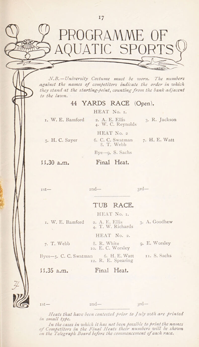 PROGRAMME OF AQUATIC SPORTS ■N.B.— University Costume must be worn. The numbers against the names of competitors indicate the order in which they stand at the starting-point, counting from the bank adjacent to the lawn. 44 YARDS RACE (Open). HEAT No. i. i. W. E. Bamford 5. H. C. Sayer 11.30 a.m. 2. A. E. Ellis 4. W. C. Reynolds HEAT No. 2 6. C. C. Swatinan 8. T. Webb Bye—9. S. Sachs Final Heat. 3. R. Jackson 7. H. E. Watt ist- 2nd— 3rd— 1. W. E. Bamford 7. T. Webb TUB RACE. HEAT No. 1. 2. A. E. Ellis 4. T. W. Richards HEAT No. 2. 8. R. White 10. E. C. Worsley Byes—5. C. C. Swatman 6. H. E. Watt 12. R. E. Spearing 11.35 a.m. Final Heat. 3. A. Goodhew 9. E. Worsley ix. S. Sachs 1st— 2nd— 3rd- Heats that have been contested prior to July 20th are printed in small type. In the cases in which it has not been possible to print the names of Competitors in the Final Heats their numbers will be shown