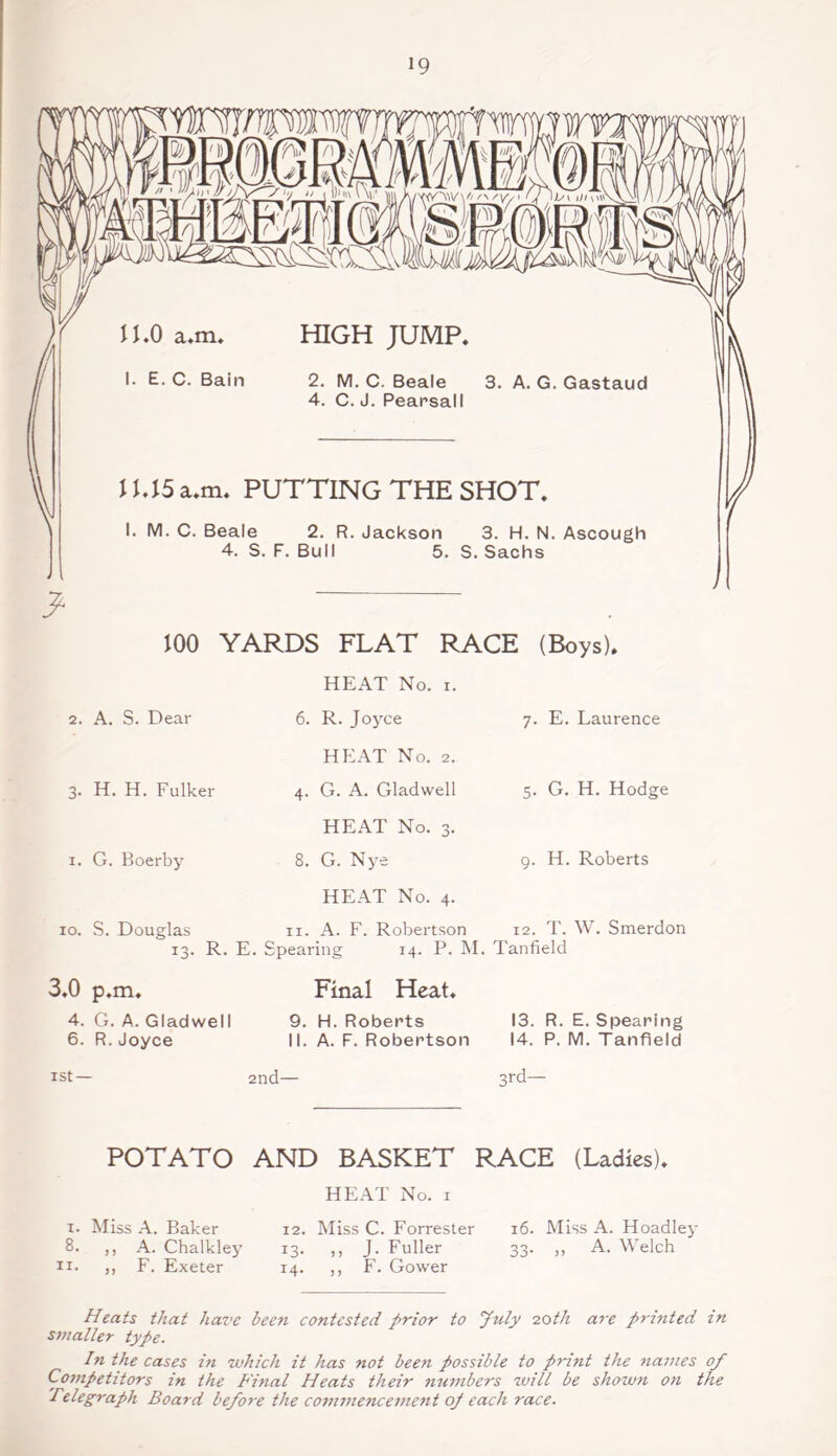 3 100 YARDS FLAT RACE (Boys). HEAT No. i. 2. A. S. Dear 3. H. H. Fulker 1. G. Boerby 6. R. Joyce HEAT No. 2. 4. G. A. Gladwell HEAT No. 3. 8. G. Nye 7. E. Laurence 5. G. H. Hodge 9. H. Roberts HEAT No. 4. 10. S. Douglas 13- 11. A. F. Robertson 12. T. W. Smerdon R. E. Spearing 14. P. M. Tanfield 3.0 p.m. 4. G. A. Gladwell 6. R. Joyce Final Heat. 9. H. Roberts II. A. F. Robertson 13. R. E. Spearing 14. P. M. Tanfield 1st — 2nd— 3rd— POTATO AND BASKET RACE (Ladies). HEAT No. 1 1. Miss A. Baker 12. Miss C. Forrester 16. Miss A. Hoadley 8. ,, A. Chalkley 13. ,, J. Fuller 33. ,, A. Welch 11. ,, F. Exeter 14. ,, F. Gower Heats that have been contested prior to July 20th are printed in smaller type. In the cases in which it has not been possible to print the names of Competitors in the Final Heats their numbers will be shown on the