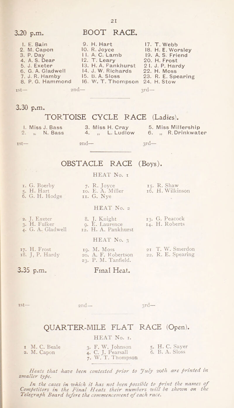 3.20 p.m. I. E. Bain 2. M. Capon 3. P. Day 4. A. S. Dear 5. J. Exeter 6. G. A. Gladwell 7. J. R. Hamby 8. P. G. Hammond ist— BOOT RACE. 9. H. Hart 10. R. Joyce I I. A. C. Lamb 12. T. Leary 13. H. A. Pankhurst 14. J. W. Richards 15. B. A. Sloss 16. W. T. Thompson 17. T. Webb 18. H. E. Worsley 19. A. S. Friend 20. H. Frost 2 I. J. P. Hardy 22. H. Moss 23. R. E. Spearing 24. H. Stow 3rd— 2nd— 3.30 p.m. TORTOISE CYCLE RACE (Ladies^. i. Miss J. Bass 2. „ N. Bass ist— 3. Miss H. Cray 4. „ L. Ludlow 2nd— 5. Miss Millership 6. „ R.Drinkwater 3rd— OBSTACLE RACE (Boys). HEAT No. 1 1. G. Boerby 5. H. Hart 6. G. H. Hodge 7. R. Joyce 10. E. A. Miller 11. G. Nye 15. R. Shaw 16. H. Wilkinson HEAT No. 2 2. J. Exeter 3. H. Fulker 4. G. A. Gladwell 8. J. Knight 9. E. Laurence 12. H. A. Pankhurst 13. G. Peacock 14. H. Roberts HEAT No. 3 17. H. Frost 18. J, P. Hardy 19. M. Moss 20. A. F. Robertson 23. P. M. Tanfield. 21 T. W. Smerdon 22. R. E. Spearing 3.35 p.m. Final Heat. ist— 2nd— 3rd— QUARTER-MILE FLAT RACE (Open). HEAT No. 1. 1 M. C. Beale 2. M. Capon 3. F. W. Johnson 4. C. J. Pearsall 7. W. T. Thompson 5. H. C. Sayer 6. B. A. Sloss Heats that have smaller type. been contested prior to July 7.0th are printed In the cases in which it has not been possible to print the names of Competitors in the Final Heats their numbers will be shown on the