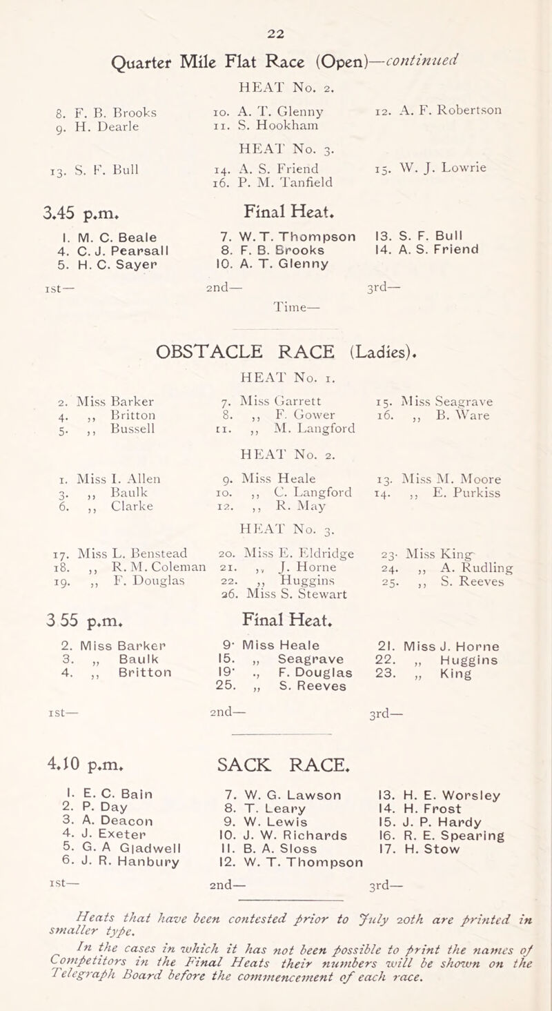 Quarter Mile Flat Race (Open)—continued 8. F. B. Brooks g. H. Dearie 13. S. F. Bull 3.45 p.m. I. M. C. Beale 4. C. J. Pearsall 5. H. C. Sayer 1st— HEAT No. 2. 10. A. T. Glenny 11. S. Hookham HEAT No. 3. 14. A. S. Friend 16. P. M. Tanfield Final Heat. 7. W.T. Thompson 8. F. B. Brooks 10. A. T. Glenny 2nd— Time— 12. A. F. Robertson 15. W. J. Lowrie 13. S. F. Bull 14. A. S. Friend 3rd— OBSTACLE RACE (Ladies), HEAT No. 1. 2. Miss Barker 4. ,, Britton 5. ,, Bussell 1. Miss I. Allen 3. „ Baulk 6. ,, Clarke 17. Miss L. Benstead 18. ,, R. M. Coleman 19. ,, F. Douglas 3 55 p.m. 2. Miss Barker 3. „ Baulk 4. ,, Britton 1st— 7. Miss Garrett 8. ,, F. Gower 11. ,, M. Langford HEAT No. 2. 9. Miss Heale 10. ,, C. Langford 12. ,, R. May HEAT No. 3. 20. Miss E. Eldridge 21. J. Horne 22. „ Huggins 26. Miss S. Stewart Final Heat. 9- Miss Heale 15. ,, Seagrave I9‘ F. Douglas 25. „ S. Reeves 2nd— 4.10 p.m. I. E. C. Bain 2. P. Day 3. A. Deacon 4. J. Exeter 5. G. A G|adwell 6. J. R. Hanbury 1st— SACK RACE. 7. W. G. Lawson 8. T. Leary 9. W. Lewis 10. J. W. Richards 11. B. A. Sloss 12. W. T. Thompson 2nd— 15. Miss Seagrave 16. ,, B. Ware 13. Miss M. Moore 14. ,, E. Purkiss 23- Miss King- 24. ,, A. Rudling 25. ,, S. Reeves 21. Miss J. Horne 22. „ Huggins 23. „ King 3rd— 13. H. E. Worsley 14. H. Frost 15. J. P. Hardy 16. R. E. Spearing 17. H. Stow 3rd— Heats that have been contested prior to July 10th are printed in smaller type. In the cases in which it has not been possible to print the names op Competitors in the Final Heats their numbers will be shown on the