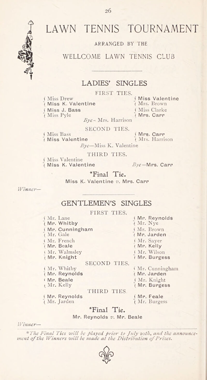 LAWN TENNIS TOURNAMENT ARRANGED BY THE WELLCOME LAWN TENNIS CLUB LADIES' SINGLES FIRST TIES. ( Miss Drew J Miss Valentine ( Miss K. Valentine ( Mrs. Brown ( Miss J. Bass j Miss Clarke ’( Miss Pyle '( Mrs. Carr Bye- Mrs. Harrison SECOND TIES. f Miss Bass ( Mrs. Carr I Miss Valentine ( Mrs. Harrison Bye—Miss K. Valentine THIRD TIES. j Miss Valentine ( Miss K. Valentine Bye—Mrs. Carr *Final Tie. Miss K. Valentine v. Mrs. Carr Winner— GENTLEMEN'S SINGLES FIRST TIES. ( Mr. Lane I Mr. Whitby j Mr. Cunningham ( Mr. Gale I Mr. French Mr. Beale \ Mr. Walmsley ( Mr. Knight SECOND TIES. ( Air. Whitby I Mr. Reynolds t Mr. Beale t Mr. Kelly THIRD TIES | Mr. Reynolds { Mr. Jarden #Final Tie. Mr. Reynolds v. Mr. Beale Winner— * The Final Ties will be played prior to July 20th, and the announce- ment of the Winners will be made at the Distribution of Prizes. ( Mr. Reynolds ( Mr. Nye ( Mr. Brown ( Mr. Jarden ( Mr. Sayer ( Mr. Kelly ( Mr. Wilson / Mr. Burgess ( Mr. Cunningham ( Mr. Jarden j Mr. Knight ( Mr. Burgess ( Mr. Feale ( Mr. Burgess