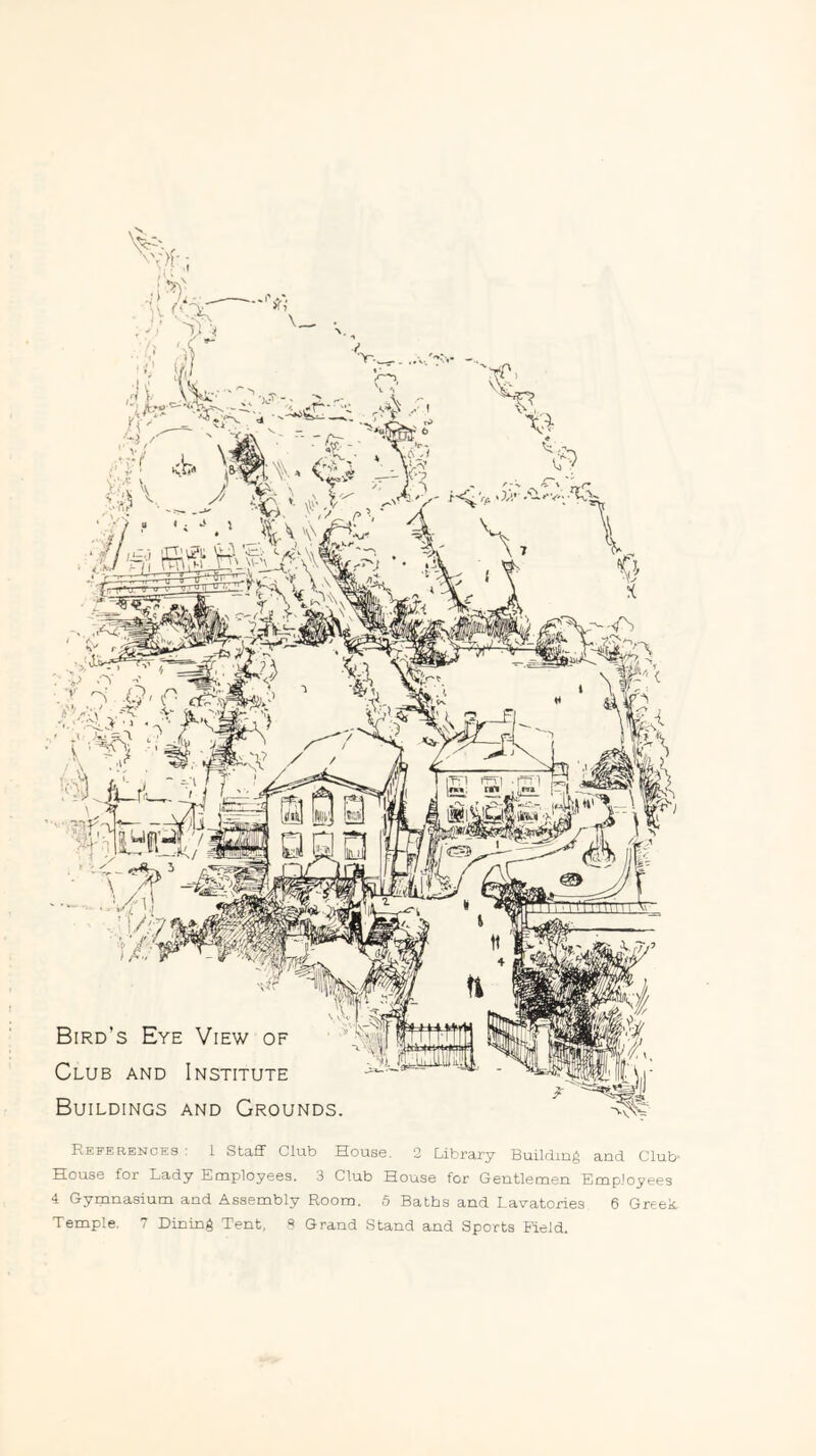v.. .ii - - H' ^ J'{'\ =- . ^ •■'. i' ^ V ' ^ -■ '-7'“ % S Bird’s Eye View of Club and Institute Buildings and Grounds. References : 1 Staff Club House. 2 Library Building and Club- House for Lady Employees. 3 Club House for Gentlemen Employees 4 Gymnasium and Assembly Room. 5 Baths and Lavatories 6 Greek. Temple. 7 Dining Tent, Grand Stand and Sports Field.