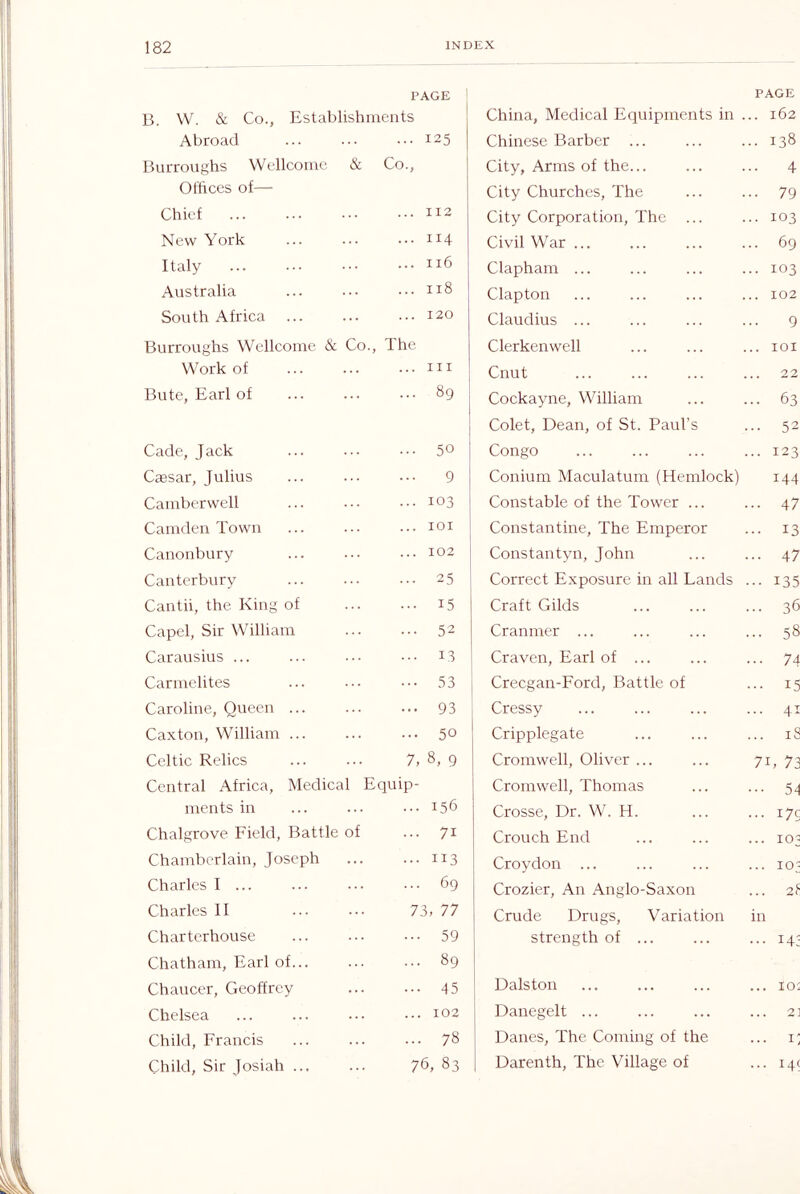 PAGE ' B. W. & Co., Establishments Abroad ... 125 Burroughs Wellcome & Co., Offices of— Chief ... 112 New York ... 114 Italy ... 116 Australia ... 118 South Africa ... 120 Burroughs Wellcome & Co., The Work of ... Ill Bute, Earl of ... 89 Cade, Jack ... 50 Cresar, Julius 9 Camberwell ... 103 Camden Town ... lOI Canonbury ... 102 Canterbury ... 25 Cantii, the King of ... 15 Capel, Sir William ... 52 Carausius ... ... 13 Carmelites ... .S3 Caroline, Queen ... 93 Caxton, William ... 50 Celtic Relics 7, 8, 9 Central Africa, Medical Equip- ments in ... 156 Chalgrove Field, Battle of ... 71 Chamberlain, Joseph ... 113 Charles I ... ... 69 Charles II 73, 77 Charterhouse ... 59 Chatham, Earl of... ... 89 Chaucer, Geoffrey ... 45 Chelsea ... 102 Child, Francis ... 78 Child, Sir Josiah ... 76, 83 PAGE China, Medical Equipments in ... 162 Chinese Barber ... ... ... 138 City, Arms of the... ... ... 4 City Churches, The ... ... 79 City Corporation, The ... ... 103 Civil War 69 Clapham ... ... ... ... 103 Clapton ... ... ... ... 102 Claudius ... ... ... ... 9 Clerkenwell ... ... ... loi Cnut ... ... ... ... 22 Cockayne, William ... ... 63 Co let. Dean, of St. Paul’s ... 52 Congo ... ... ... ... 123 Conium Maculatum (Hemlock) 144 Constable of the Tower ... ... 47 Constantine, The Emperor ... 13 Constantyn, John ... ... 47 Correct Exposure in all Lands ... 135 Craft Gilds ... ... ... 36 Cranmer ... ... ... ... 58 Craven, Earl of ... ... ... 74 Crecgan-Ford, Battle of ... 15 Cressy ... ... ... ... 41 Cripplegate ... ... ... iS Cromwell, Oliver ... ... 71, 73 Cromwell, Thomas ... ... 5^ Crosse, Dr. W. H. ... ... 17c Crouch End ... ... ... 103 Croydon ... ... ... ... 103 Crozier, An Anglo-Saxon ... 2? Crude Drugs, Variation in strength of 143 Dais ton ... ... ... ... 102 Danegelt ... ... ... ... 21 Danes, The Coming of the ... i; Darenth, The Village of ••• i4(