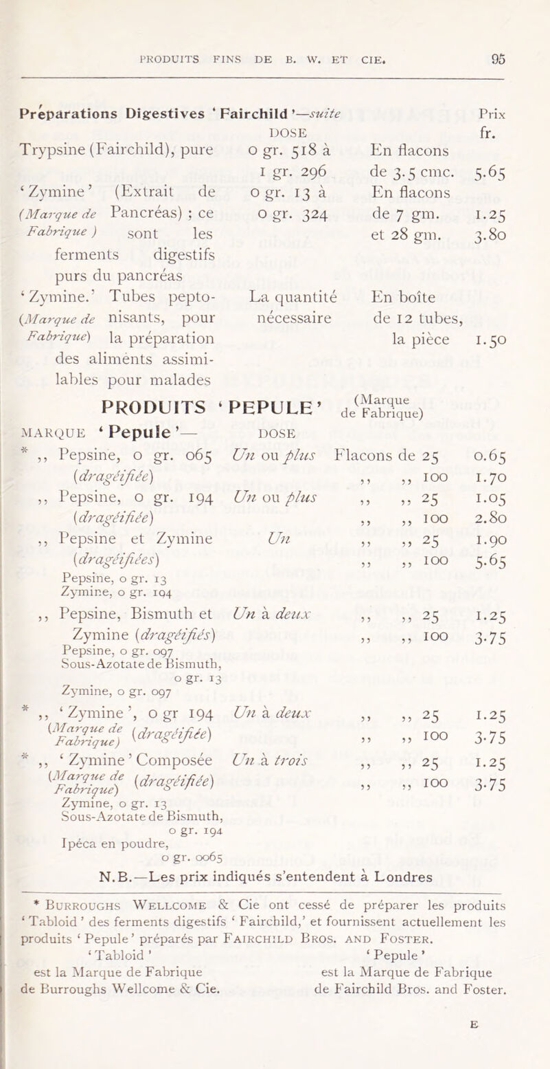 Préparations Digrestives ‘ Fairchild ’—suüe Prix DOSE fr. Trypsine (Fairchild), pure 0 gr. 518 à En flacons I gr. 296 de 3.5 cmc. 5-65 ‘Zyinine’ (Extrait de 0 gr. 13 à En flacons (Marque de Pancréas) ; ce ogr. 324 de 7 gm. 1.25 Fabrique ) sont les et 28 gm. 3.80 ferments digestifs purs du pancréas ‘Zymine.’ Tubes pepto- La quantité En boîte (Marque de nisants, pour nécessaire de 12 tubes. Fabriqtte) la préparation la pièce 1.50 des aliments assimi- lables pour malades PRODUITS ‘PEPULE’ (Marque de Fabrique) MARQUE ‘Pepule’ — DOSE * ,, Pepsine, 0 gr. 065 Un ou plus Flacons de 25 0.65 {dragéifiée) ,, ,, 100 1.70 ,, Pepsine, 0 gr. 194 Un ou phis ,, ,, 25 1.05 {dragéifiée) ,, 5 > 100 2.80 ,, Pepsine et Zymine Un 11 5) 25 1.90 {dragéifiées) ,, ,, 100 5-65 Pepsine, o gr. 13 Zymine, 0 gr. 104 ,, Pepsine, Bismuth et Un à deux ,, ,, 25 1.25 Zymine {dragéifiés) Pepsine, 0 gr. 097 Sous-Azotate de Bismuth, , , , , 100 3-75 0 gr. 13 Zymine, 0 gr. 097 * ,, ‘Zymine’, 0 gr 194 Un à deux ■>1 25 1.25 , , ) > 100 3-75 * ,, ‘ Zymine ’ Composée Un à trois 55 55 25 1.25 {dras^éifiée) pabrique) ' e> / ' Zymine, 0 gr. 13 Sous-Azotate de Bismuth, 5 5 5 5 100 3-75 O gr. 194 Ipéca en poudre, O gr. 0065 [ N.B.-—Les prix indiqués s’entendent à Londres * Burroughs Wellcome & Cie ont cessé de préparer les produits ' ‘Tabloid’ des ferments digestifs ‘ Fairchild,’ et fournissent actuellement les ^ produits ‘ Pepule’préparés par Fairchild Bros, and Foster. i ‘Tabloid’ ‘Pepule’ I est la Marque de Fabrique est la Marque de Fabrique R de Burroughs Wellcome & Cie. de Fairchild Bros, and Foster. E