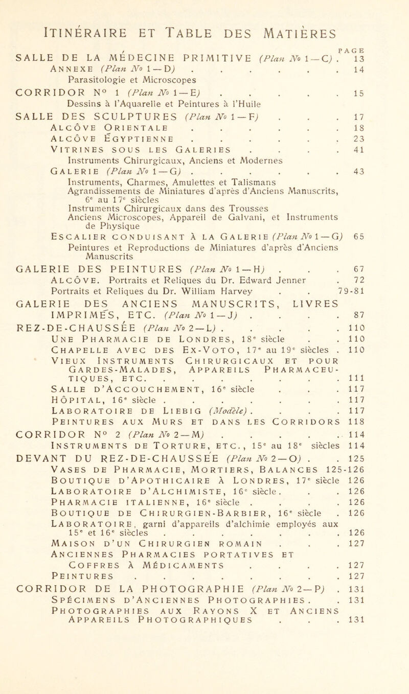 Itinéraire et Table des Matières , PAGE SALLE DE LA MEDECINE PRIMITIVE (Plan No \ — <Z) . 13 Annexe (Plan No — . . . , , .14 Parasitologie et Microscopes CORRIDOR N® 1 (Plan No \ — 15 Dessins à l’Aquarelle et Peintures à l’Huile SALLE DES SCULPTURES (Plan No \ — . . .17 AlcôveOrientale . . . . . . 18 AlcôveÉgyptienne . . . . . . 23 Vitrines sous les Galeries . . . .41 Instruments Chirurgicaux, Anciens et Modernes Galerie (Plan No i — G) . . . . . .43 Instruments, Charmes, Amulettes et Talismans Agrandissements de Miniatures d’après d’Anciens Manuscrits, 6® au 17® siècles Instruments Chirurgicaux dans des Trousses Anciens Microscopes, Appareil de Galvani, et Instruments de Physique Escalier conduisant à la Galerie l — Gj 6 5 Peintures et Reproductions de Miniatures d’après d’Anciens Manuscrits GALERIE DES PEINTURES (Plan No X — W) . . .67 Alcôve. Portraits et Reliques du Dr. Edward Jenner . 7 2 Portraits et Reliques du Dr. ’William Harvey . . 7 9-81 GALERIE DES ANCIENS MANUSCRITS, LIVRES IMPRIME'S, etc. (Plan No \ — }) . . . .87 REZ-DE-CHAUSSÉE (Plan No 2 —h) 110 Une Pharmacie de Londres, 18® siècle . .110 Chapelle avec des Ex-Voto, 17® au 19® siècles . 110 Vieux Instruments Chirurgicaux et pour Gardes-Malades, Appareils Pharmaceu- tiques, ETC. . . . . . . .111 Salle d’Accouchement, 16® siècle . . . 117 Hôpital, 16® siècle . . . . . . .117 Laboratoire de Liebig (Modèle). . . .117 Peintures aux Murs et dans les Corridors 118 CORRIDOR NO 2 (Plan N 2 —m) 114 Instruments de Torture, etc., 15® au 18® siècles 114 DEVANT DU REZ-DE-CHAUSSEE (Plan No 2 —O) . . 125 Vases de Pharmacie, Mortiers, Balances 125-126 Boutique d’Apothicaire à Londres, 17® siècle 126 Laboratoire d’Alchimiste, 16® siècle. . .126 Pharmacie italienne, 16® siècle . . . .126 Boutique de Chirurgien-Barbier, 16® siècle . 126 Laboratoire, garni d’appareils d’alchimie employés aux 15® et 16® siècles . . . . . . .126 Maison d’un Chirurgien romain . . . 127 Anciennes Pharmacies portatives et Coffres à Médicaments .... 127 Peintures ........ 127 CORRIDOR DE LA PHOTOGRAPHIE (Plan No 2—'P) . 131 Spécimens D’Anciennes Photographies. . 131 Photographies aux Rayons X et Anciens Appareils Photographiques 131