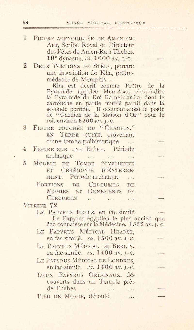 1 Figure agenouillée de Amen-em- Apt, Scribe Royal et Directeur des Fêtes de Amen-Ra à Thèbes. 18® dynastie, ca. 1600 av. j.-c. — 2 Deux Portions de Stèle, portant une inscription de Kha, prêtre- médecin de Memphis ... ... — Kha est décrit comme Prêtre de la Pyramide appelée Men-Asat, c’est-à-dire la Pyramide du Roi Ra-nefr-ar-ka, dont le cartouche en partie mutilé paraît dans la seconde portion. Il occupait aussi le poste de “ Gardien de la Maison d’Or ” pour le roi, environ 3200 av. j.-c. 3 Figure couchée du “ Chagrin,” EN Terre cuite, provenant d’une tombe préhistorique ... — 4 Figure sur une Bière. Période archaïque ... ... ... — 5 Modèle de Tombe égyptienne ET Cérémonie d’Enterre- ment. Période archaïque ... — Portions de Cercueils de Momies et Ornements de Cercueils ... ... ... — Vitrine 72 Le Papyrus Eeers, en fac-similé — Le Papyrus égyptien le plus ancien que l’on connaisse sur la Médecine. 15 5 2 av. j.-c. Le Papyrus Médical Hearst, en fac-similé. ^<2. 1500 av. j.-c. — Le Papyrus Médical de Berlin, en fac-similé. <^<2. 1400 av. j.-c. — Le Papyrus Médical de Londres, en fac-similé, t'a. 1400 av. j.-c. — Deux Papyrus Originaux, dé- couverts dans un Temple près de Thèbes ... ... ... — Pied de Momie, déroulé ... —