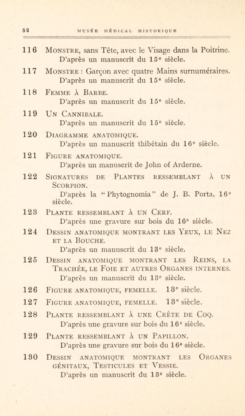 116 Monstre, sans Tête, avec le Visage dans la Poitrine. D’après un manuscrit du 15® siècle. 117 Monstre : Garçon avec quatre Mains surnuméraires. D’après un manuscrit du 15® siècle. 118 Femme à Barbe. D’après un manuscrit du 15® siècle. 119 Un Cannibale. D’après un manuscrit du 15® siècle. 120 Diagramme anatomique. D’après un manuscrit thibétain du 16® siècle. 121 Figure anatomique. D’après un manuscrit de John of Arderne. 122 Signatures de Plantes ressemblant à un Scorpion. D’après la “ Phytognomia” de J. B. Porta, 16® siècle. 123 Plante ressemblant à un Cerf. D’après une gravure sur bois du 16® siècle. 124 Dessin anatomique montrant les Yeux, le Nez ET LA Bouche. D’après un manuscrit du 13® siècle. 125 Dessin anatomique montrant les Reins, la Trachée, le Foie et autres Organes internes. D’après un manuscrit du 13® siècle. 126 Figure ANATOMIQUE, FEMELLE. 13® siècle. 127 Figure ANATOMIQUE, FEMELLE. 13® siècle. 128 Plante ressemblant à une Crête de Coq. D’après une gravure sur bois du 16® siècle. 129 Plante ressemblant à un Papillon. D’après une gravure sur bois du 16® siècle. 130 Dessin anatomique montrant les Organes GÉNITAUX, Testicules et Vessie.