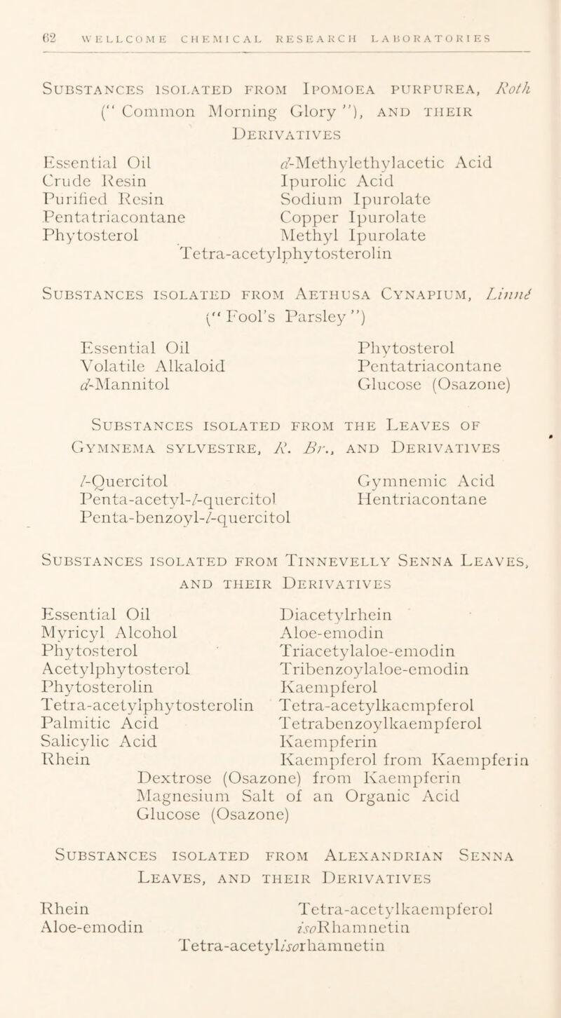 Substances isoi.ated from Ipomoea purpurea, Roth (“ Common INIorning Glory ), and their Derivatives Irssential Oil Crude Resin Purified Resin Pentatriacontane Phytoslerol f/-l\Iethylethylacetic Acid Ipurolic Acid Sodium Ipurolate Copper Ipurolate Methyl Ipurolate Tetra-acetylphytosterolin Substances isolated from Aethusa Cynapium, Limid C‘ Pool’s Parsley ”) Essential Oil Volatile Alkaloid p'JMannitol Phytosterol Pentatriacontane Glucose (Osazone) Substances isolated from the Leaves of Gymnema sylvestre, R. By., and Derivatives /-Quercitol Gymnemic Acid Penta-acetyl-/-quercitoI Hentriacontane Pcnta-benzoyl-/-quercitol Substances isolated from Tinnevelly Senna Leaves, AND THEIR DERIVATIVES Essential Oil Myricyl Alcohol Phytosterol Acetylphytosterol Idiytosterolin Tetra-acetylphytosterolin Palmitic Acid Salicylic Acid Rhein Diacetylrhein Aloe-emodin Triacetylaloe-emodin Tribenzoylaloe-emodin Kaempferol Tetra-acetylkaempferol Tetrabenzoylkaempferol Kaempferin Kaempferol from Kaempferin Dextrose (Osazone) from Kaempferin Magnesium Salt of an Organic Acid Glucose (Osazone) Substances isolated from Alexandrian Senna Leaves, and their Derivatives Rhein Tetra-acetylkaempferol Aloe-emodin A^iRhamnetin Tetra-acetylA^irhamnetin