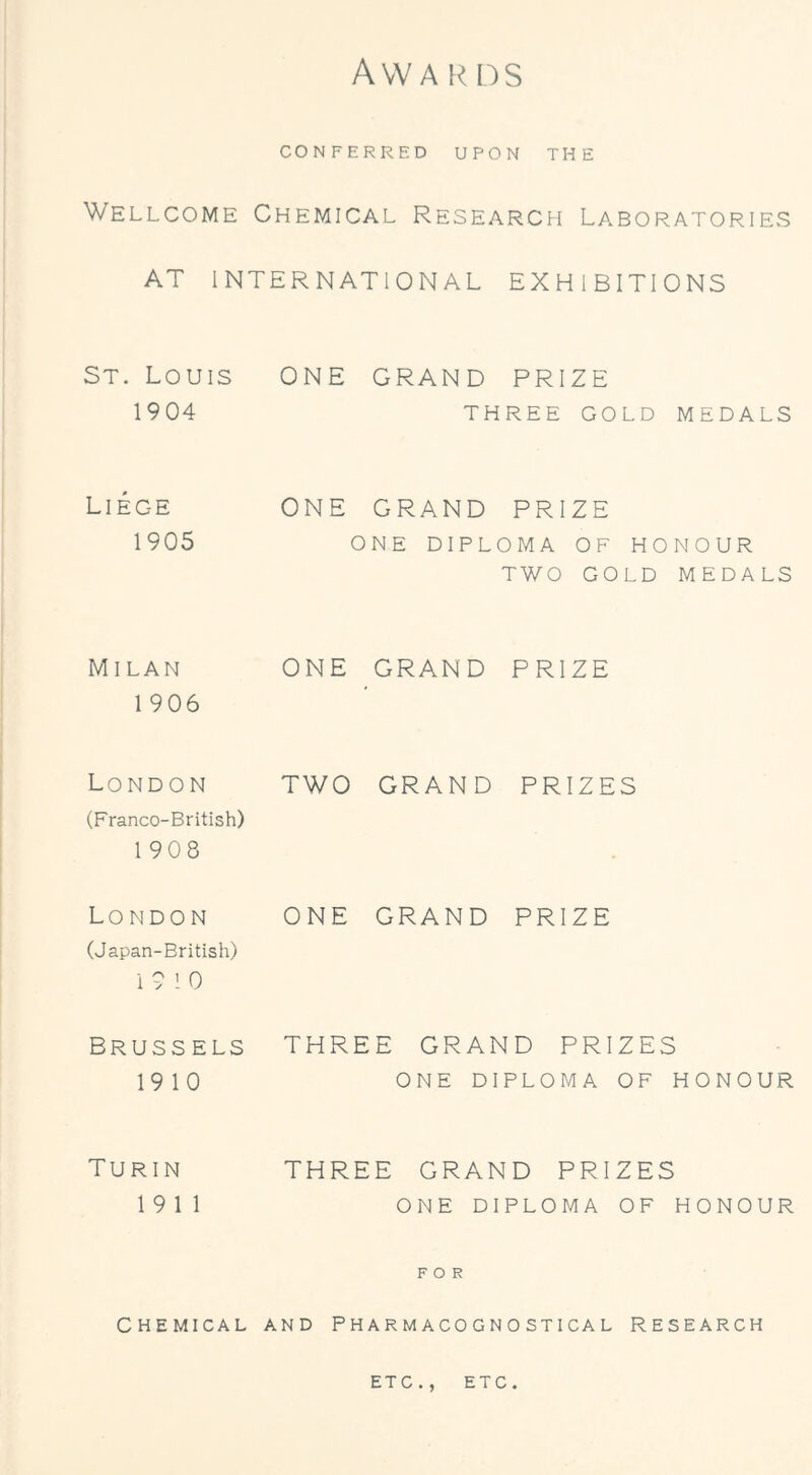 Aw A R ns CONFERRED UPON THE Wellcome Chemical Research Laboratories AT INTERNATIONAL EXHIBITIONS St. Louis ONE GRAND PRIZE 1904 THREE GOLD MEDALS Liege ONE GRAND PRIZE 1905 ONE DIPLOMA OF HONOUR TWO GOLD MEDALS Milan 1906 ONE GRAND PRIZE London (Franco-British) 1908 TWO GRAND PRIZES London (Japan-British) 19 10 ONE GRAND PRIZE Brussels THREE GRAND PRIZES 19 10 ONE DIPLOMA OF HONOUR Turin THREE GRAND PRIZES 19 11 ONE DIPLOMA OF HONOUR FOR C HE MICAL AND PHARMACOGNOSTICAL RESEARCH ETC. , ETC.