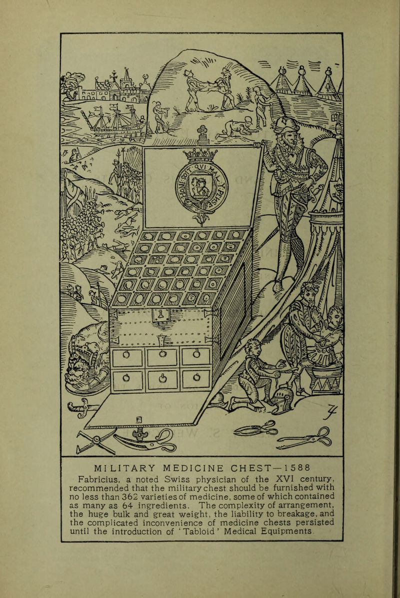 MILITARY MEDICINE CHEST—1588 Fabricius, a noted Swiss physician of the XVI century, recommended that the military chest should be furnished with no less than 362 varieties of medicine, some of which contained as many as 64 ingredients. The complexity of arrangement, the huge bulk and great weight, the liability to breakage, and the complicated inconvenience of medicine chests persisted until the introduction of ‘Tabloid’ Medical Equipments