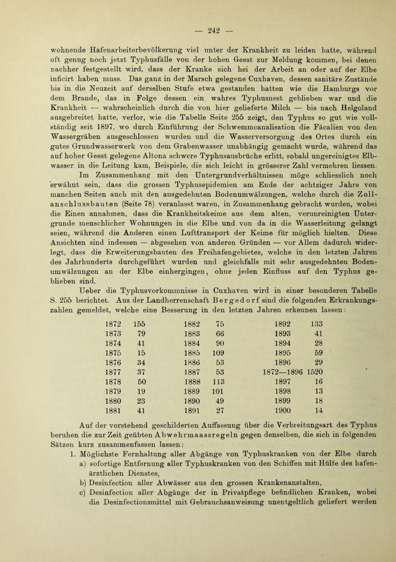 wohnende Hafenarbeiterbevölkerung viel unter der Krankheit zu leiden hatte, während oft genug noch jetzt Typhusfälle von der hohen Geest zur Meldung kommen, bei denen nachher festgestellt wird, dass der Kranke sich hei der Arbeit an oder auf der Elbe inficirt haben muss. Das ganz in der Marsch gelegene Cuxhaven, dessen sanitäre Zustände bis in die Neuzeit auf derselben Stufe etwa gestanden hatten wie die Hamburgs vor dem Brande, das in Folge dessen ein wahres Typhusnest geblieben war und die Krankheit — wahrscheinlich durch die von hier gelieferte Milch — bis nach Helgoland ausgebreitet hatte, verlor, wie die Tabelle Seite 255 zeigt, den Typhus so gut wie voll- ständig seit 1897, wo durch Einführung der Schwemmcanalisation die Fäcalien von den Wassergräben ausgeschlossen wurden und die Wasserversorgung des Ortes durch ein gutes Grund Wasserwerk von dem Grabenwasser unabhängig gemacht wurde, während das auf hoher Geest gelegene Altona schwere Typhusausbrüche erlitt, sobald ungereinigtes Elb- wasser in die Leitung kam, Beispiele, die sich leicht in grösserer Zahl vermehren Hessen. Im Zusammenhang mit den üntergrundverhältnissen möge schliesslich noch erwähnt sein, dass die grossen Typhusepidemien am Ende der achtziger Jahre von manchen Seiten auch mit den ausgedehnten Bodenumwälzungen, welche durch die Zoll- anschlussbauten (Seite 78) veranlasst waren, in Zusammenhang gebracht wurden, wobei die Einen annahmen, dass die Krankheitskeime aus dem alten, verunreinigten Unter- gründe menschlicher Wohnungen in die Elbe und von da in die Wasserleitung gelangt seien, während die Anderen einen Lufttransport der Keime für möglich hielten. Diese Ansichten sind indessen — abgesehen von anderen Gründen — vor Allem dadurch wider- legt, dass die Erweiterungsbauten des Freihafengebietes, welche in den letzten Jahren des Jahrhunderts durchgeführt wurden und gleichfalls mit sehr ausgedehnten Boden- umwälzungen an der Elbe einhergingen, ohne jeden Einfluss auf den Typhus ge- blieben sind. Heber die Typhus Vorkommnisse in Cuxhaven wird in einer besonderen Tabelle S. 255 berichtet. Aus der Landherrenschaft Bergedorf sind die folgenden Erkrankungs- zahlen gemeldet, welche eine Besserung in den letzten Jahren erkennen lassen; 1872 155 1882 75 1892 133 1873 79 1883 66 1893 41 1874 41 1884 90 1894 28 1875 15 1885 109 1895 59 1876 34 1886 53 1896 29 1877 37 1887 53 1872—1896 1520 1878 50 1888 113 1897 16 1879 19 1889 101 1898 13 1880 23 1890 49 1899 18 1881 41 1891 27 1900 14 Auf der vorstehend geschilderten Auffassung über die Verbreitungsart des Typhus beruhen die zur Zeit geübten Abwehrmaassregeln gegen denselben, die sich in folgenden Sätzen kurz zusammenfassen lassen: 1. Möglichste Fernhaltung aller Abgänge von Typhuskranken von der Elbe durch a) sofortige Entfernung aller Typhuskranken von den Schiffen mit Hülfe des hafen- ärztlichen Dienstes, b) Desinfection aller Abwässer aus den grossen Krankenanstalten, c) Desinfection aller Abgänge der in Privatpflege befindlichen Kranken, wobei die Desinfectionsmittel mit Gebrauchsanweisung unentgeltlich geliefert werden