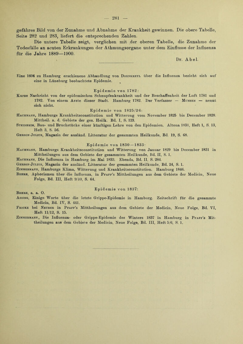 gefähres Bild von der Zunahme und Abnahme der Krankheit gewinnen. Die obere Tabelle, Seite 282 und 283, liefert die entsprechenden Zahlen. Die untere Tabelle zeigt, verglichen mit der oberen Tabelle, die Zunahme der Todesfälle an acuten Erkrankungen der Athmungsorgane unter dem Einflüsse der Influenza für die Jahre 1889—1900. Dr. Abel. Eine 1604 zu Hamburg erschienene Abhandlung von Dornkreyl über die Influenza bezieht sich auf eine in Lüneburg beobachtete Epidemie. Epidemie von 1782: Kurze Nachricht von der epidemischen Schnupfenkrankheit und der Beschaffenheit der Luft 1781 und 1782. Von einem Arzte dieser Stadt. Hamburg 1782. Der Verfasser — Mumsen — nennt sich nicht. Epidemie von 1825/26: Hachmann, Hamburgs Krankheitsconstitution und Witterung vom November 1825 bis December 1828. Mittheil. a. d. Gebiete der ges. Heilk. Bd. I, S. 123. Steinheim, Bau- und Bruchstücke einer künftigen Lehre von den Epidemien. Altona 1831, Heft 1, S. 13, Heft 3, S. 56. Gerson-Julius, Magazin der ausländ. Litteratur der gesammten Heilkunde, Bd. 19, S. 68. Epidemie von 1830 —1833; Hachmann, Hamburgs Krankheitsconstitution und Witterung von Januar 1829 bis December 1831 in Mittheilungen aus dem Gebiete der gesammten Heilkunde, Bd. II, S. 1. Hachmann, Die Influenza in Hamburg im Mai 1833. Ebenda, Bd. II, S. 284. Gerson-Julius, Magazin der ausländ. Litteratur der gesammten Heilkunde, Bd. 24, S. 1. Zimmermann, Hamburgs Klima, Witterung und Krankheitsconstitution. Hamburg 1846. Behre, Aphorismen über die Influenza, in Pfaff’s Mittheilungen aus dem Gebiete der Medicin, Neue Folge, Bd. III, Heft 9/10, S. 64. Epidemie von 1837: Behre, a. a. 0. Assing, Einige Worte über die letzte Grippe-Epidemie in Hamburg. Zeitschrift für die gesammte Medicin, Bd. IV, S. 441. Eriche bei Neurer in Pfaff’s Mittheilungen aus dem Gebiete der Medicin, Neue Folge, Bd. VI, Heft 11/12, S. 15. Zimmermann, Die Influenza- oder Grippe-Epidemie des Winters 1837 in Hamburg in Pfaff’s Mit- theilungen aus dem Gebiete der Medicin, Neue Folge, Bd. III, Heft 5/6, S. 1.