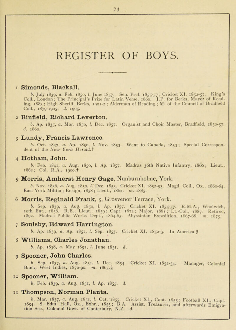 REGISTER OF BOYS. 1 Simonds, Blackall. b. July 1839, a. Feb. 1850, /. June 1857. Sen. Pref. 1855-57; Cricket XI. 1852-57. King’s Coll., London; The Principal’s Prize for Latin Verse, i860. J.P. for Berks, Nlayor of Read- ing, 1883 ; High Sheriff, Berks, 1901-2 ; Alderman of Reading ; M. of the Council of Bradfield Coll., 1879-1905. d. 1905. 2 Binfield, Richard Leverton. b. Ap. 1835, a. Mar. 1850, 1. Dec. 1857. Organist and Choir Master, Bradfield, 1850-57. d. i860. 3 Lundy, Francis Lawrence. b. Oct. 1837, a. Ap. 1850, 1. Nov. 1853. Went to Canada, 1853 ; Special Correspon- dent of the New York Herald.f 4 Hotham, John. b. Feb. 1841, a. Aug. 1850, 1. Ap. 1857. Madras 36th Native Infantry, 1866; Lieut., 1862; Col. R.A., 1900. t 5 Morris, Amherst Henry Gage, Nunburnliolme, York. b. Nov. 1836, a. Aug. 1850, /.* Dec. 1853. Cricket XL 1852-53. Magd. Coll., Ox., 1860-64. East York Militia; Ensign, 1858; Lieut., 1862. m. 1885. 6 Morris, Reginald Frank, 5, Grosvenor Terrace, York. b. Sep. 1839, a. Aug. 1850, 1. Ap. 1857. Cricket XL 1855-57. R.M.A., Woolwich, loth Ent., 1858. R.E., Lieut., 1859; Capt. 1872; Major, 1881; Lt.-Col., 1887. Retired, 1892. Madras Public Works Dept., 1864-65. .Abyssinian Expedition, 1867-68. ni. 1875. 7 Soulsby, Edward Harrington. b. Ap. 1839, a. Ap. 1851, 1. Sep. 1853. Cricket XL 1852-3. In America.§ 8 Williams, Charles Jonathan. b. Ap. 1838, a. May 1851, 1. June 1851. d. 9 Spooner, John Charles. b. Sep. 1837, a. Aug. 1851, /. Dec. 1854. Cricket XL 1852-54. Manager, Colonial Bank, VVest Indies, 1870-90. m. 1865.§ 10 Spooner, William. b. Feb. 1839, a. Aug. 1851, 1. Ap. 1855. d. 11 Thompson, Norman Planta. b. Mar. 1837, a. Aug. 1851, 1. Oct. 1855. Cricket XL, Capt. 1855; Football XL, Capt. 1854. S. Edm. Hall, Ox., Exhr., 1855; B.A. 'Assist. Treasurer, and afterwards Emigra- tion Sec., Colonial Govt, of Canterbury, N.Z. d.