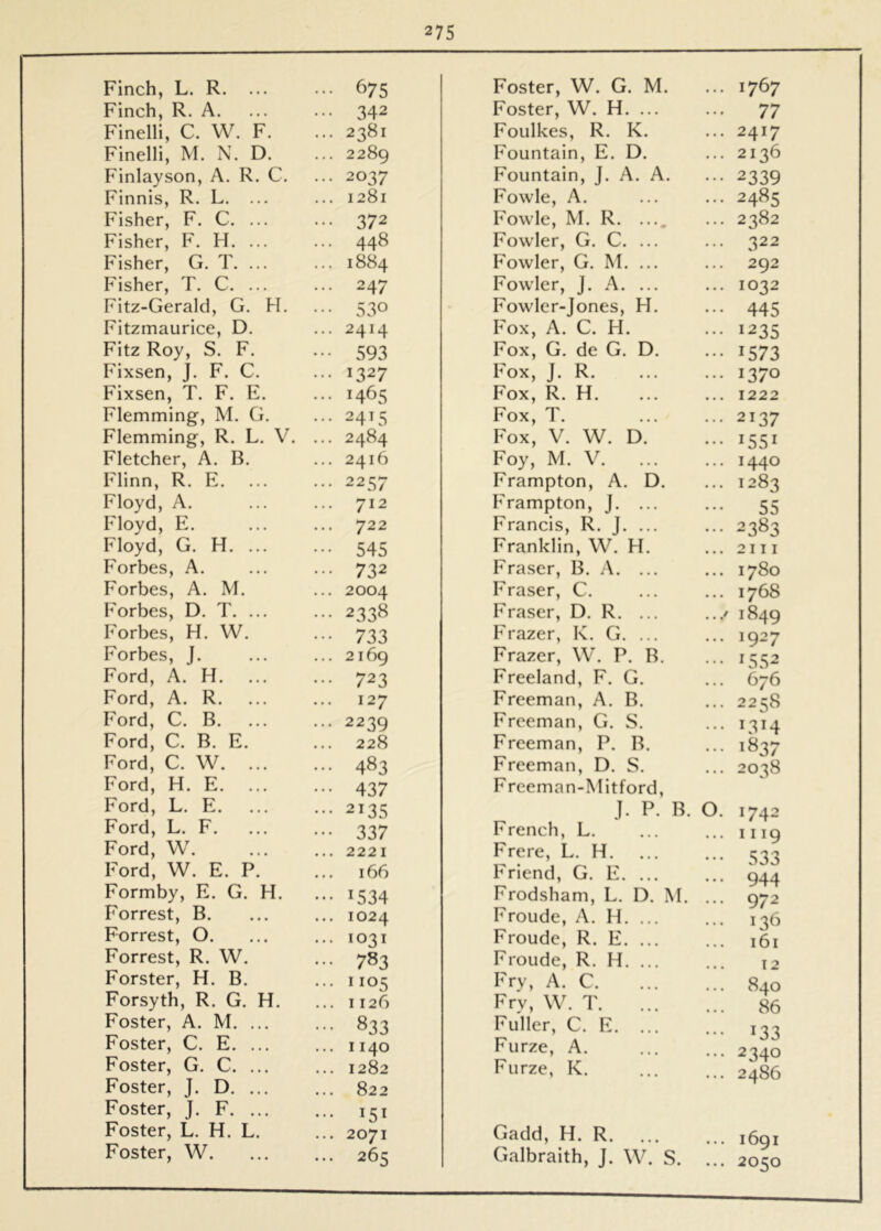 Finch, L. R. ... ... 675 Finch, R. A. ... ... 342 Finelli, C. W. F. ... 2381 Finelli, M. N. D. ... 2289 Finlayson, A. R. C. ... 2037 Finnis, R. L. ... ... 1281 Fisher, F. C. ... ... 372 Fisher, F. H. ... ... 448 Fisher, G. T 1884 Fisher, T. C. ... ... 247 Fitz-Gerald, G. H. ... 530 Fitzmaurice, D. ... 2414 Fitz Roy, S. F. ... 593 Fixsen, J. F. C. ... 1327 Fixsen, T. F. E. ... 1465 Flemming, M. G. ... 2415 Flemming, R. L. V. ... 2484 Fletcher, A. H. ... 2416 Flinn, R. E. ... ... 2257 Floyd, A. ... ... 712 Floyd, E. ... ... 722 Floyd, G. H 545 Forbes, A. ... ... 732 Forbes, A. M. ... 2004 Forbes, D. T. ... ... 2338 Forbes, H. W. ... 733 Forbes, J. ... ... 2169 Ford, A. H. ... ... 723 Ford, A. R. ... ... 127 Ford, C. B. ... ... 2239 Ford, C. B. E. ... 228 Ford, C. W. ... ... 483 Ford, H. E). ... ... 437 Ford, L. E. ... ... 2135 Ford, L. F 337 Ford, W. ... ... 2221 Ford, W. E. P. ... 166 Formby, E. G. H. ... 1534 Forrest, B. ... ... 1024 Forrest, O. ... ... 1031 Forrest, R. W. ... 783 Forster, H. B. ... 1105 Forsyth, R. G. H. ... 1126 Foster, A. M. ... ... 833 Foster, C. E 1140 Foster, G. C 1282 Foster, J. D. ... ... 822 Foster, J. F 151 Foster, L. H. L. ... 2071 Foster, W 265 Foster, W. G. M. ... 1767 Foster, W. H. ... ... 77 Foulkes, R. K. ... 2417 Fountain, E. D. ... 2136 Fountain, J. A. A. ... 2339 Fowle, A. ... ... 2485 F'owle, M. R. .... ... 2382 Fowler, G. C. ... ... 322 Fowler, G. M. ... ... 292 Fowler, J. A. ... ... 1032 Fowler-Jones, H. ... 445 Eox, A. C. H. ... 1235 Fox, G. de G. D. ... 1573 Fox, J. R 1370 Fox, R. H. ... ... 1222 Fox, T. ... ... 2137 Fox, V. W. D. ... 1551 Foy, M. V. ... ... 1440 Frampton, A. D. ... 1283 Frampton, J 55 Francis, R. J. ... ... 2383 Franklin, W. H. ... 2111 Fraser, B. A. ... ... 1780 Fraser, C. ... ... 1768 Fraser, D. R. ... .../ 1849 Frazer, K. G. ... ... 1927 Frazer, \V. P. B. ... 1352 Freeland, F. G. ... 676 Freeman, A. B. ... 2258 Freeman, G. S. ... 1314 Freeman, P. B. ... 1837 Freeman, D. S. ... 2038 Freeman-Mitford, J. P. B. O French, L. Frere, L. H. Friend, G. E. ... Frodsham, L. D. M. .. Froude, A. H. ... Froude, R. E. ... Froude, R. H. ... Fry, A. C. Fry, W. T Fuller, C. E. ... Furze, A. Furze, K. 1742 1119 533 944 972 136 161 12 840 86 133 2340 2486 Gadd, H. R. Galbraith, J. \V. S. ... 1691 ... 2050