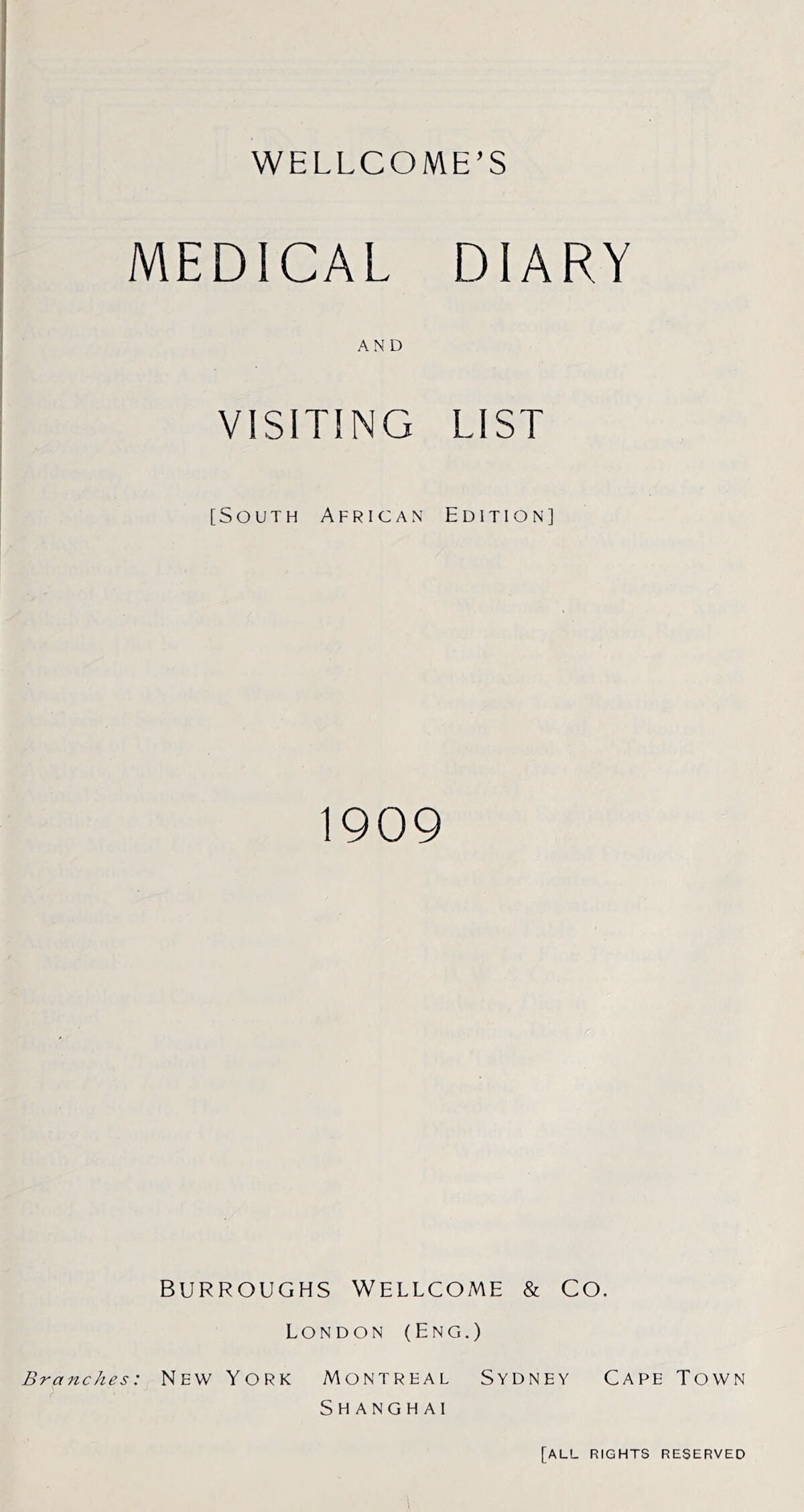 A pocket office diary for doctors with a buttoned flap, published by drug maker Burroughs Wellcome & Co. (South African edition).