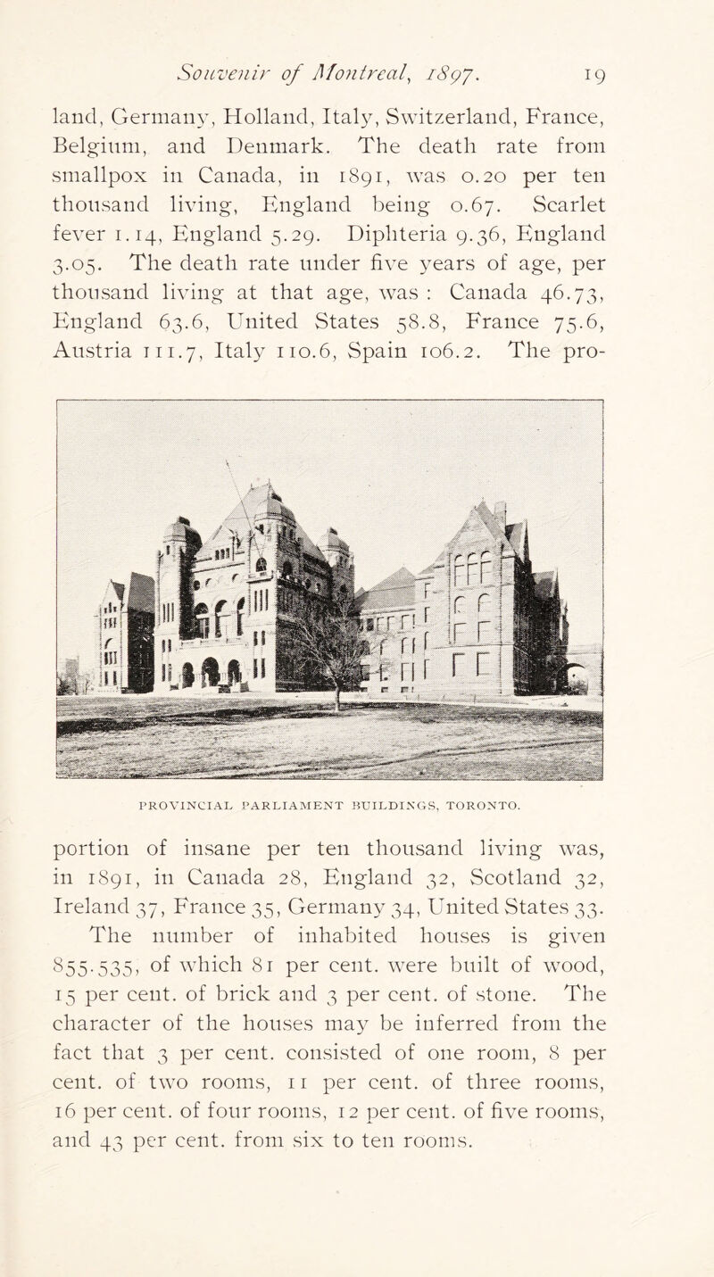 land, German}^, Holland, Italy, Switzerland, France, Belgium, and Denmark. The death rate from smallpox in Canada, in 1891, was 0.20 per ten thousand living, England being 0.67. Scarlet fever 1.14, England 5.29. Diphteria 9.36, England 3.05. The death rate under five years of age, per thousand living at that age, was : Canada 46.73, England 63.6, United States 58.8, France 75.6, Austria in.7, Ital}^ 110.6, Spain 106.2. The pro- PROVINCIAL PARLIAMENT BUILDINGS, TORONTO. portion of insane per ten thousand living was, in 1891, in Canada 28, England 32, Scotland 32, Ireland 37, France 35, Germany 34, United States 33. The number of inhabited houses is given 855.535, of which 8r per cent, were built of wood, 15 per cent, of brick and 3 per cent, of stone. The character of the houses may be inferred from the fact that 3 per cent, consisted of one room, 8 per cent, of two rooms, ii per cent, of three rooms, 16 per cent, of four rooms, 12 per cent, of five rooms, and 43 per cent, from six to ten rooms.