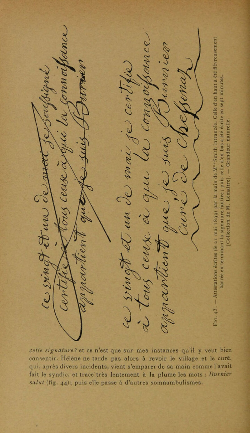 J <c 'Zi ■£> Ji a 2 D « .5 •= E c -, a 73 S — c 13 « U 2 £ S d *« C 'O f* -O ro ''T cetle signature? et ce n’est que sur nies instances qu’il y veut bien consentir. Hélène ne tarde pas alors à revoir le village et le curé, qui, après divers incidents, vient s’emparer de sa main comme l’avait fait le syndic, et trace très lentement à la plume les mots : Buriner salut (fig. 44); puis elle passe à d’autres somnambulismes.