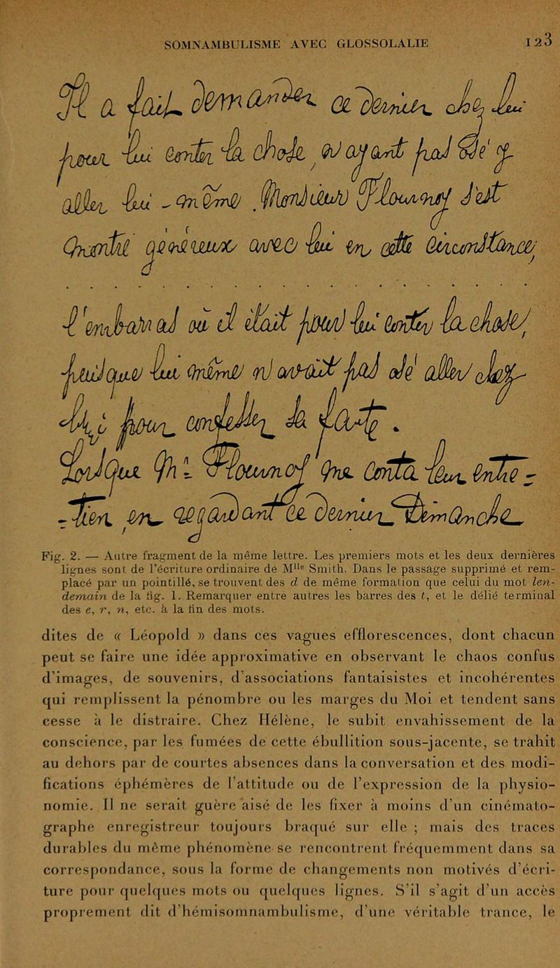 fl cl jcùU MÜ- j'jajJi Im brntk. Il ûhok & WjoJ; fuJ W g. q£Li -Hu .^lan/lMI (flouA^ J'ajt Qhjtnt/d qQMUM (MO '(SU &k &4,<urrdtfoi/X/, Fig. 2. — Autre fragment de la même lettre. Les premiers mots et les deux dernières lignes sont de l’écriture ordinaire de AI110 Smith. Dans le passage supprimé et rem- placé par un pointillé, se trouvent des d de même formation que celui du mot len- demain de la lig. 1. Remarquer entre autres les barres des <, et le délié terminal des e, r, n, etc. à la lin des mots. dites de « Léopold » dans ces vagues efflorescences, dont chacun peut se faire une idée approximative en observant le chaos confus d’images, de souvenirs, d associations fantaisistes et incohérentes qui remplissent la pénombre ou les marges du Moi et tendent sans cesse à le distraire. Chez Hélène, le subit envahissement de la conscience, par les fumées de cette ébullition sous-jacente, se trahit au dehors par de courtes absences dans la conversation et des modi- fications éphémères de l’attitude ou de l’expression de la physio- nomie. Il ne serait guère aisé de les fixer à moins d’un cinémato- graphe enregistreur toujours braqué sur elle ; mais des traces durables du même phénomène se rencontrent fréquemment dans sa correspondance, sous la forme de changements non motivés d’écri- ture pour quelques mots ou quelques lignes. S'il s’agit d’un accès proprement dit d hémisomnambulisme, d’une véritable trance, le