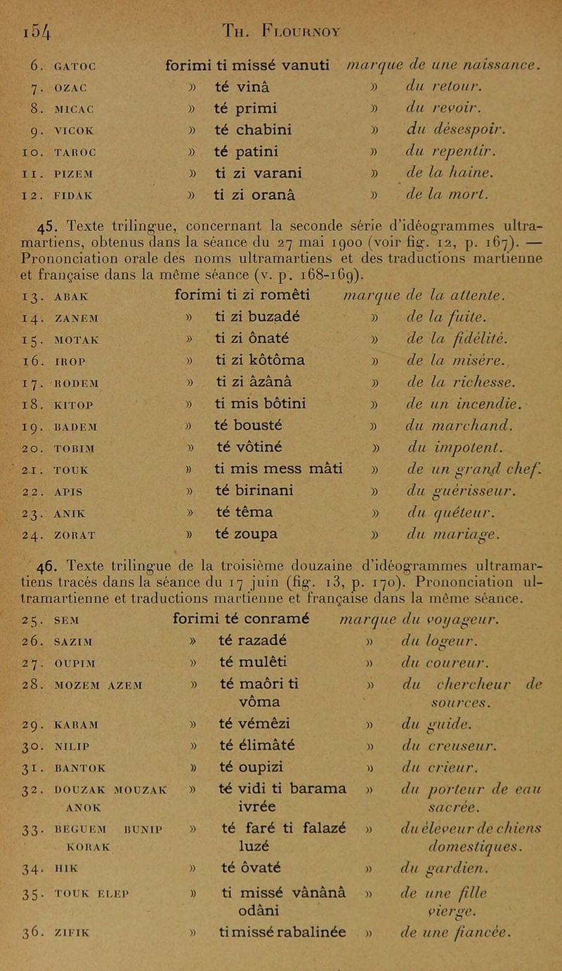 6. GATOC forimi ti missé vanuti marque 1 de une naissance. 7. OZAC )) té vinâ » du retour. 8. MICAC » té primi » du revoir. 9. VICOK » té chabini » du désespoir. XO. TAROC » té patini » du repentir. II. PIZEM » ti zi varani » de la haine. 12. FIDAK » ti zi oranâ » de la mort. 45. Texte trilingue, concernant la seconde série d’ idéogrammes ultra- martiens, obtenus dans la séance du 27 mai 1 qoo (voir lie:.! 2, p. 167). — Prononciation orale des noms ultramartiens et des traductions martienne et française dans la même séance (v. p. 168-1 Go)- 13. AIÎAK forimi ti zi romêti marque de la attente. 14. ZANEM » ti zi buzadé » de la fuite. 15. MOTAK » ti zi ônaté » de la fidélité. l6. IROP » ti zi kôtôma » de la misère. 17. RODEM » ti zi âzânâ » de la richesse. l8. K1T 0 P » ti mis bôtini » de un incendie. 19. B AD 15 M » té bousté » du marchand. 20. TORIM » té vôtiné » du impotent. 21. TOUK » ti mis mess mâti » de un grand chef. 22. APIS » té birinani » du guérisseur. O 23. ANIK » té têma » du quêteur. 24. ZORAT » té zoupa » du mariage. O 46. Texte trilingue de la troisième douzaine d’idéogrammes ultramar- tiens tracés dans la séance du 17 juin (fig. 13, p. 170). Prononciation ul- tramartienne et traductions martienne et française dans la même séance. 25. SEM forimi té conramé marque du voyageur. 26. SAZIM » té razadé » du logeur. O 27. OUPIM » té mulêti » du coureur. 28. MOZEM AZEM » té maori ti vôma » du chercheur de sources. 29. KARAM » té vémêzi « du guide. 30. NIL! P » té élimâté » du creuseur. 31. BANT0K » té oupizi » du crieur. 32. DOUZAK MOUZAK A N 0 K » té vidi ti barama ivrée » du porteur de eau sacrée. 33. lt EGF EM BUN1P K OR A K » té faré ti falazé luzé » du éleveur de chiens domestiques. 34. I1IK » té ôvaté » du gardien. P 35. TOUK ET, F. P » ti missé vânânâ odàni » de une fille vierge. O 36. Z1FIK » ti missé rabalinée » de une fiancée.